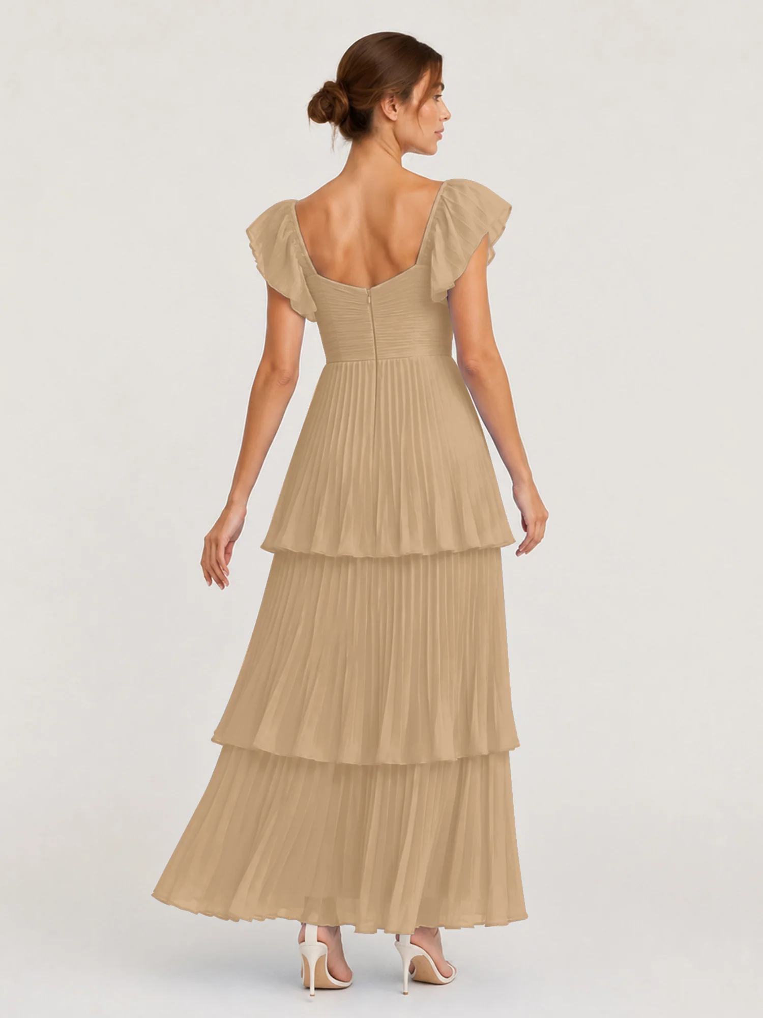 Tiered Pleated Chiffon Maxi Dress with Flutter Sleeves Champagne - Image 2