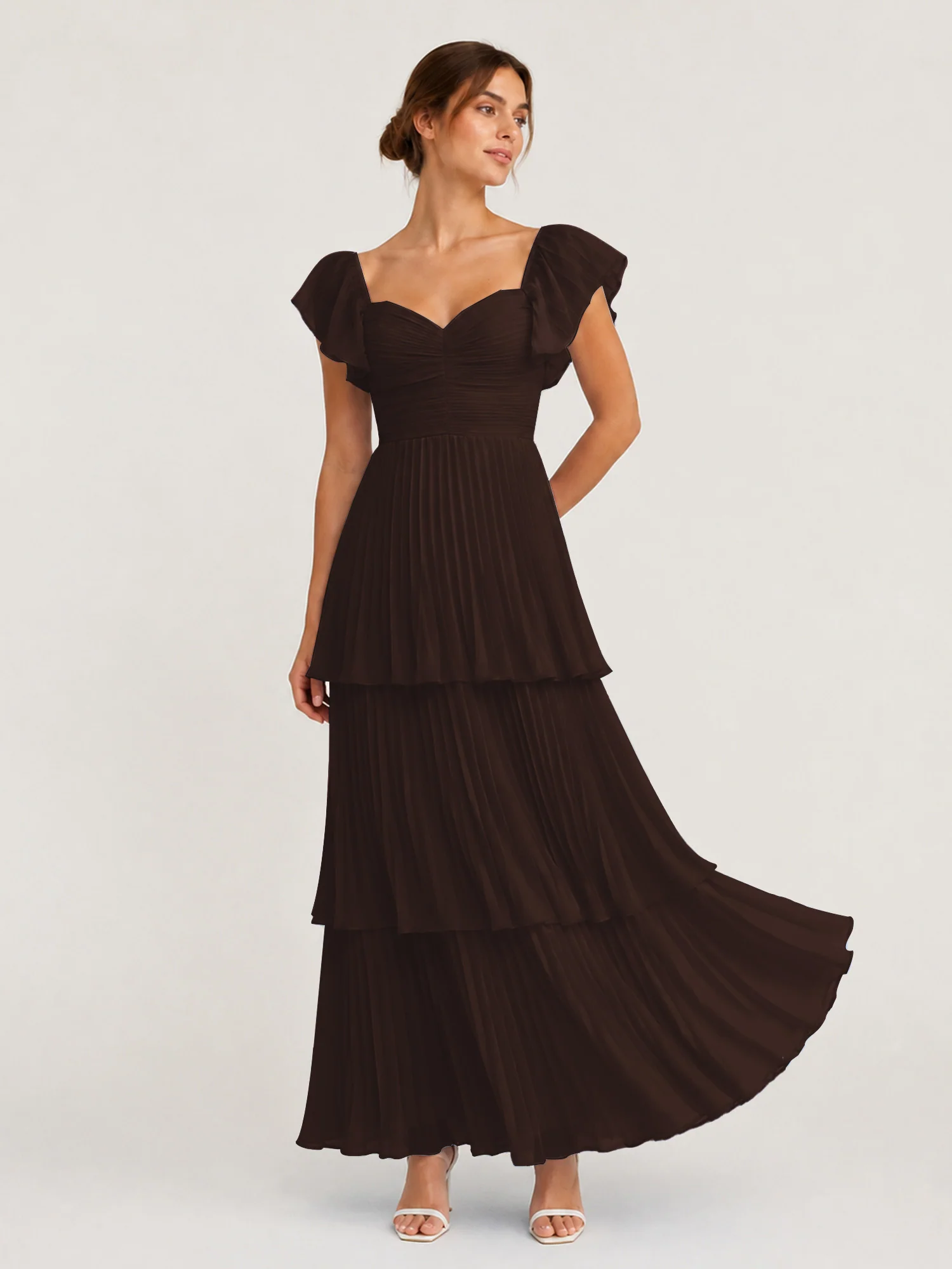 Tiered Pleated Chiffon Maxi Dress with Flutter Sleeves Chocolate