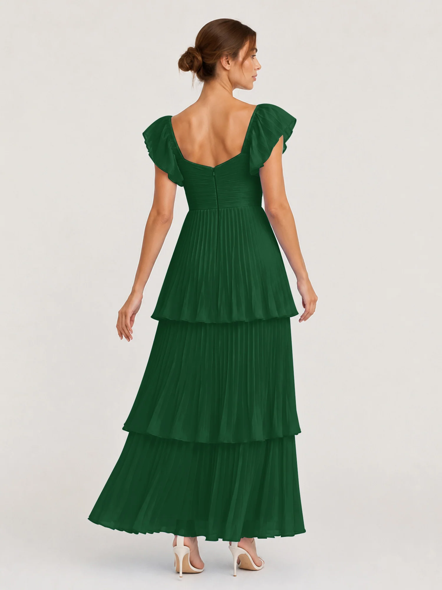 Tiered Pleated Chiffon Maxi Dress with Flutter Sleeves Dark Green - Image 2