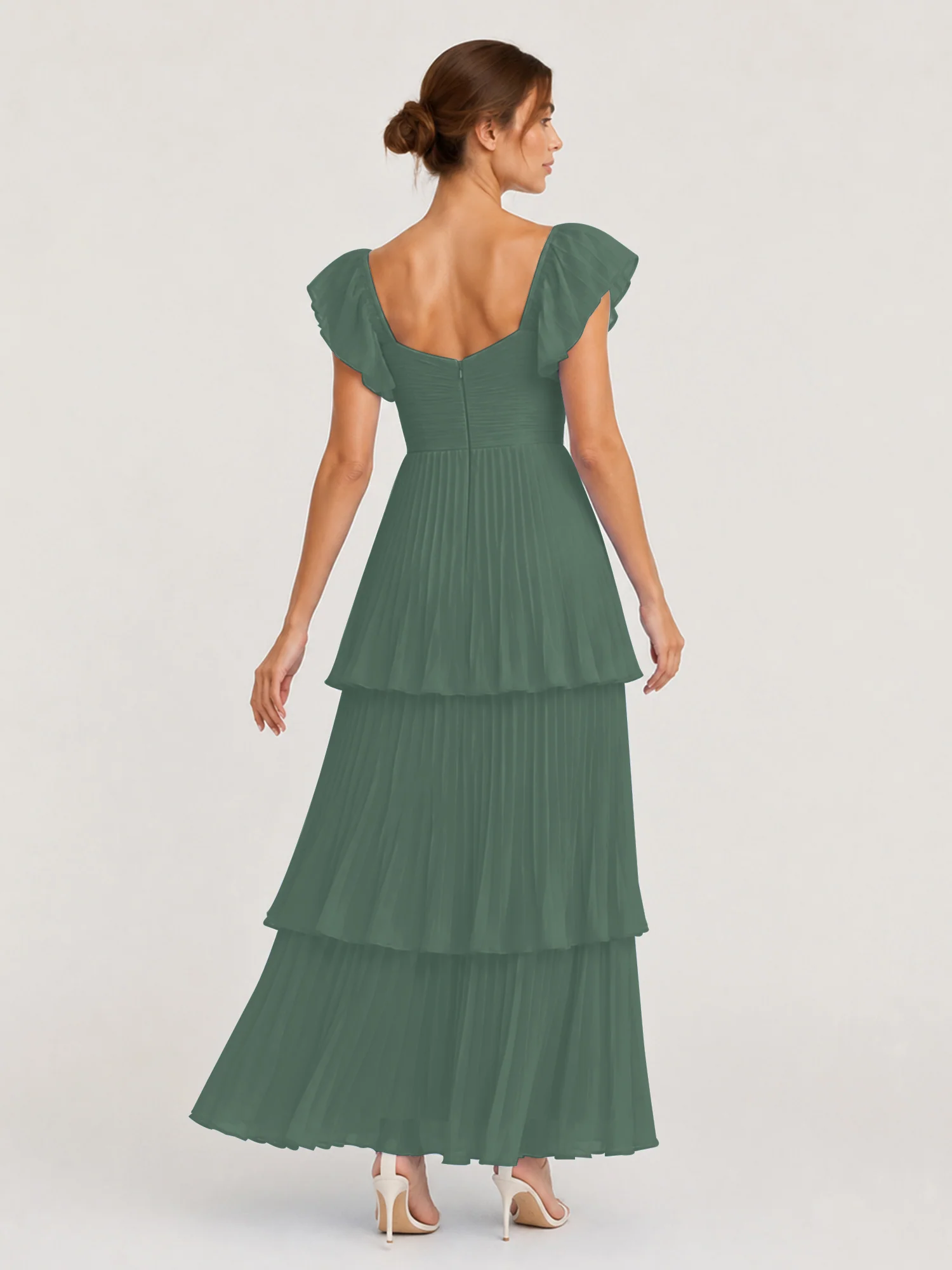 Tiered Pleated Chiffon Maxi Dress with Flutter Sleeves Eucalyptus - Image 2