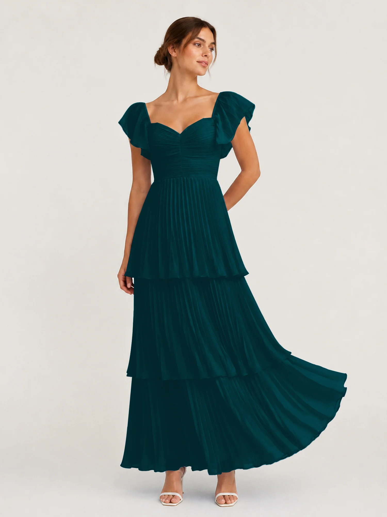 Tiered Pleated Chiffon Maxi Dress with Flutter Sleeves Pine