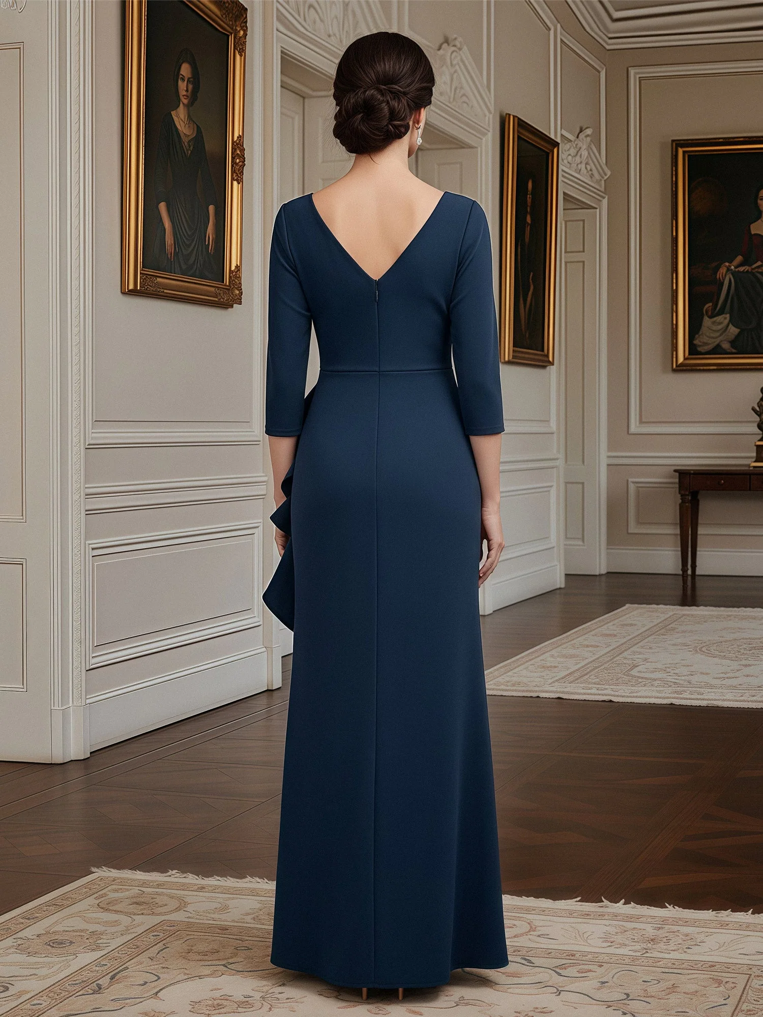 Three-Quarter Sleeve Column Gown with Draped V-Neck Black - Image 2