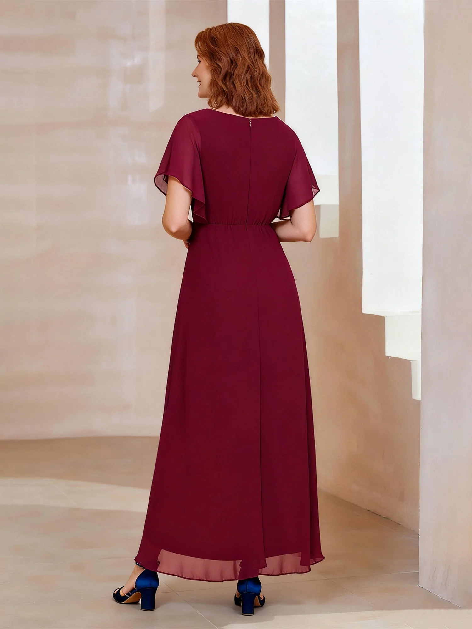 Chiffon High-Low Dress with V-Neck and Beaded Waist Fuchsia - Image 2