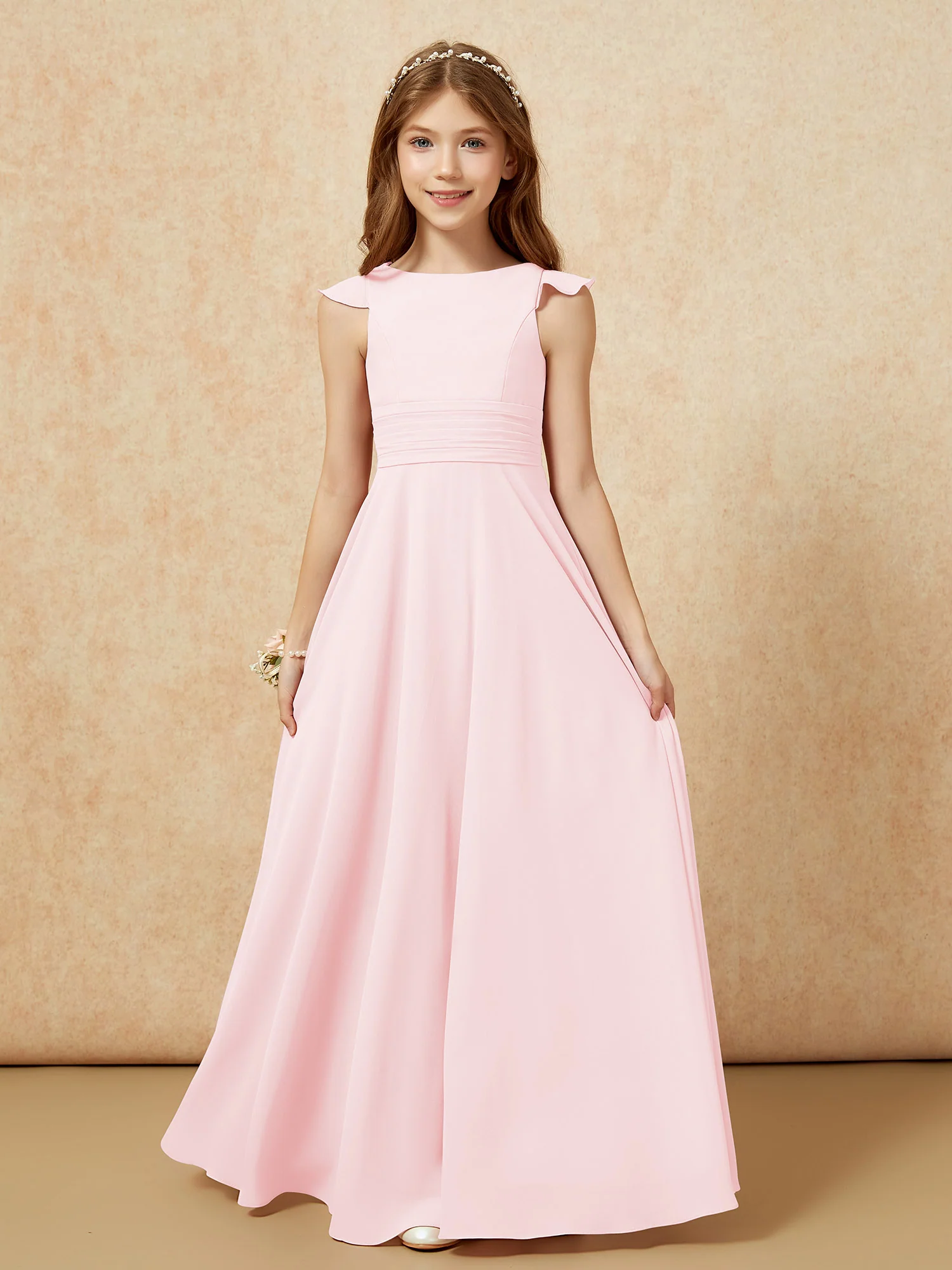 Jewel Neck Flutter Sleeves Chiffon Junior Bridesmaid Dresses Blushing Pink