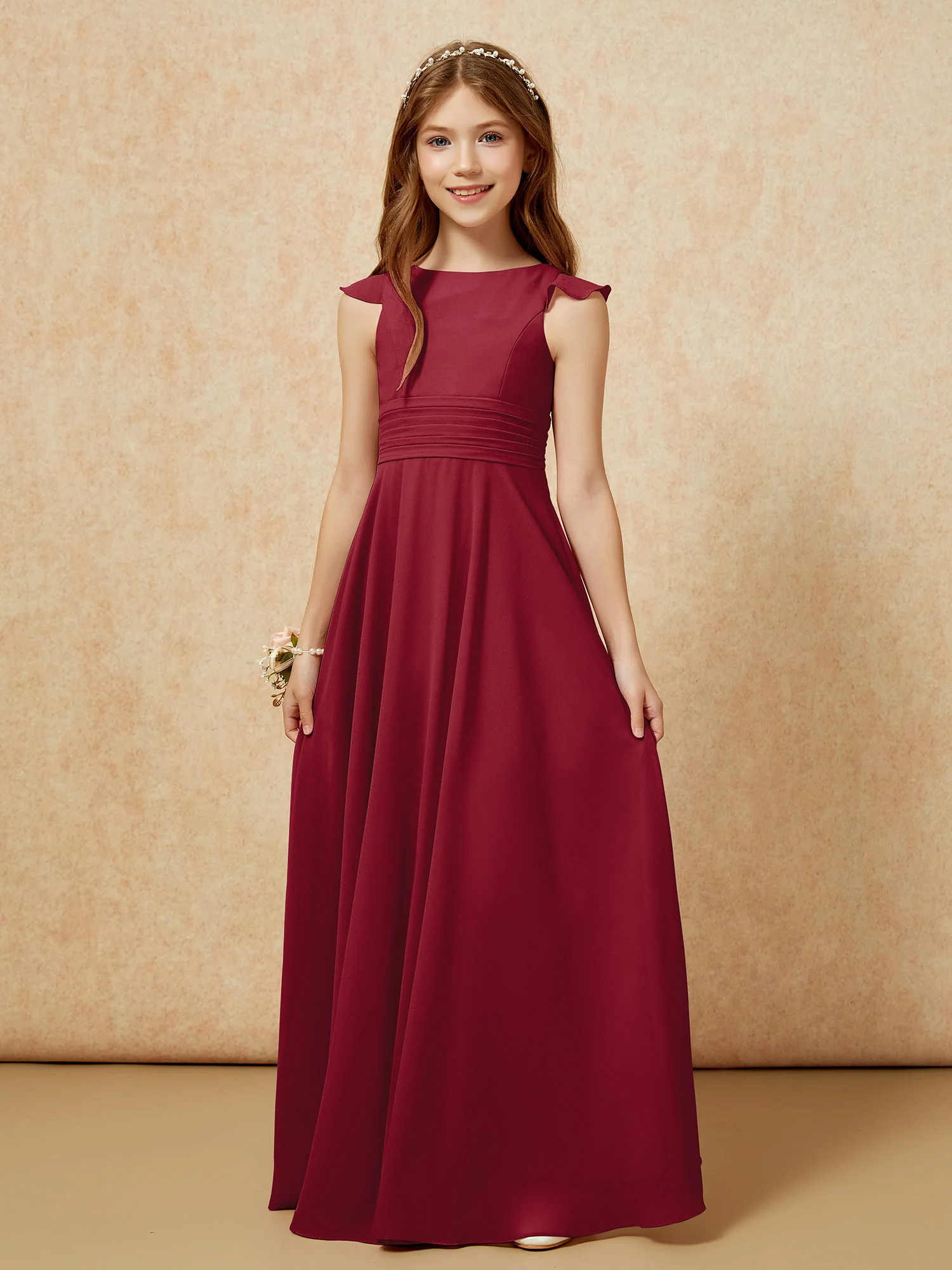 Jewel Neck Flutter Sleeves Chiffon Junior Bridesmaid Dresses Burgundy - Image 6