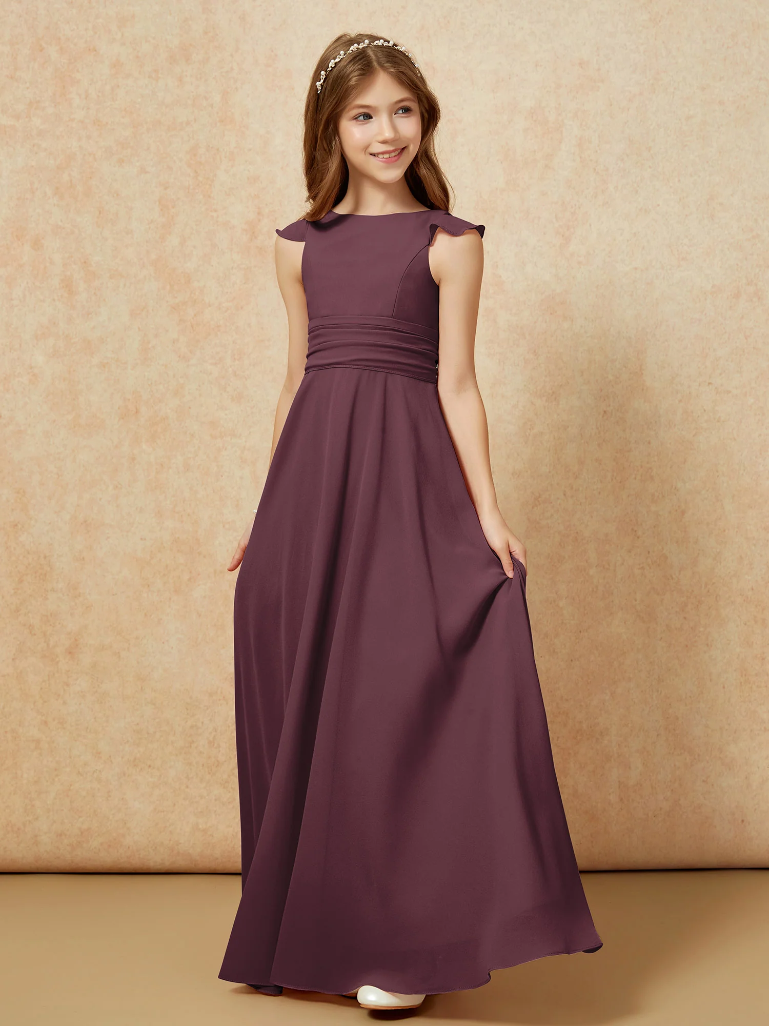 Jewel Neck Flutter Sleeves Chiffon Junior Bridesmaid Dresses Cabernet - Image 3