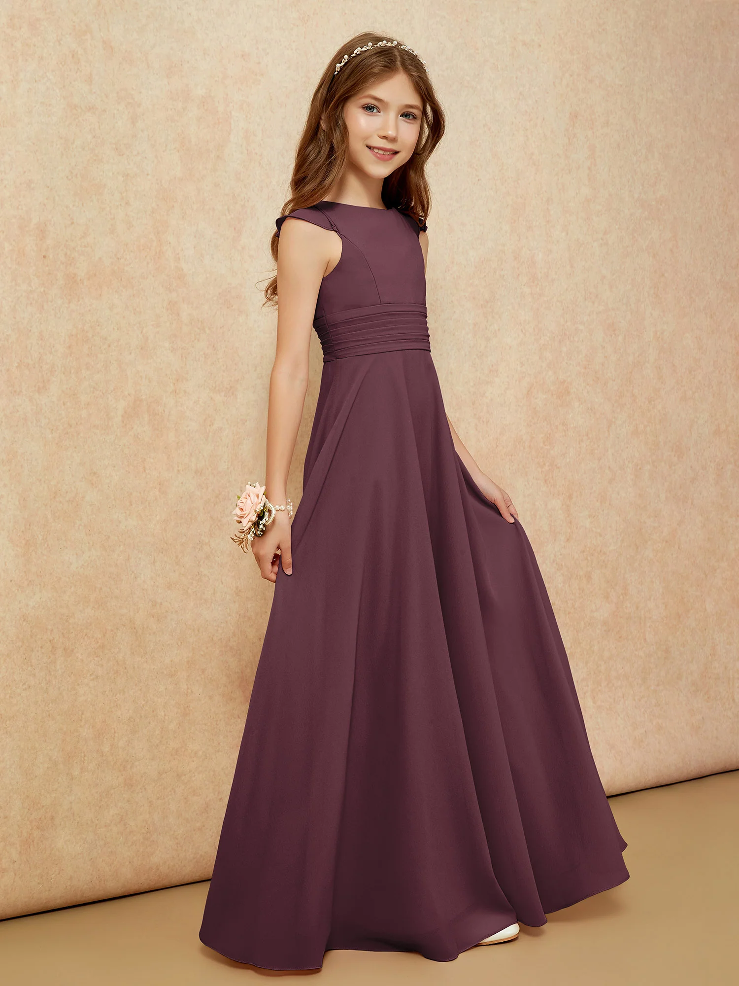 Jewel Neck Flutter Sleeves Chiffon Junior Bridesmaid Dresses Cabernet - Image 5