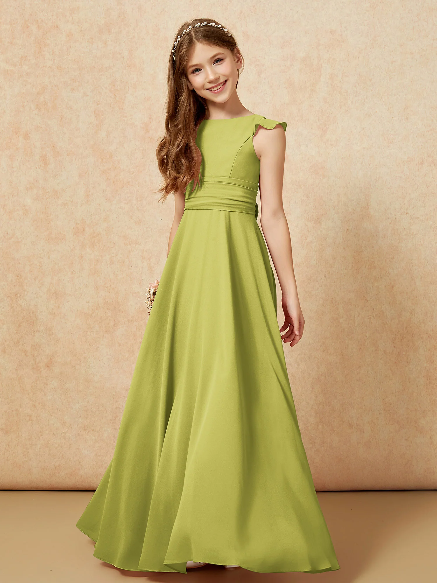 Jewel Neck Flutter Sleeves Chiffon Junior Bridesmaid Dresses Clover - Image 4
