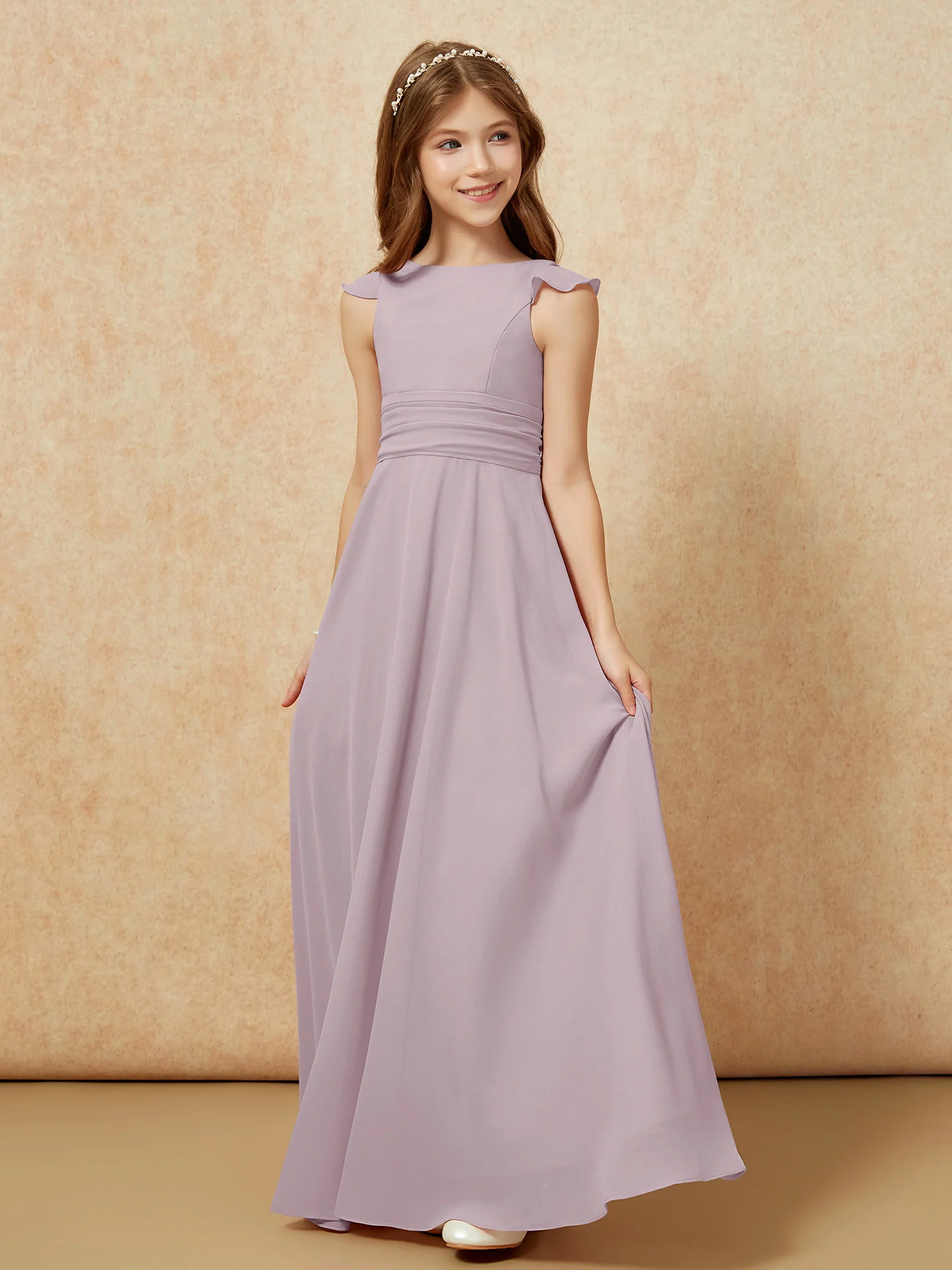 Jewel Neck Flutter Sleeves Chiffon Junior Bridesmaid Dresses Dusk - Image 3