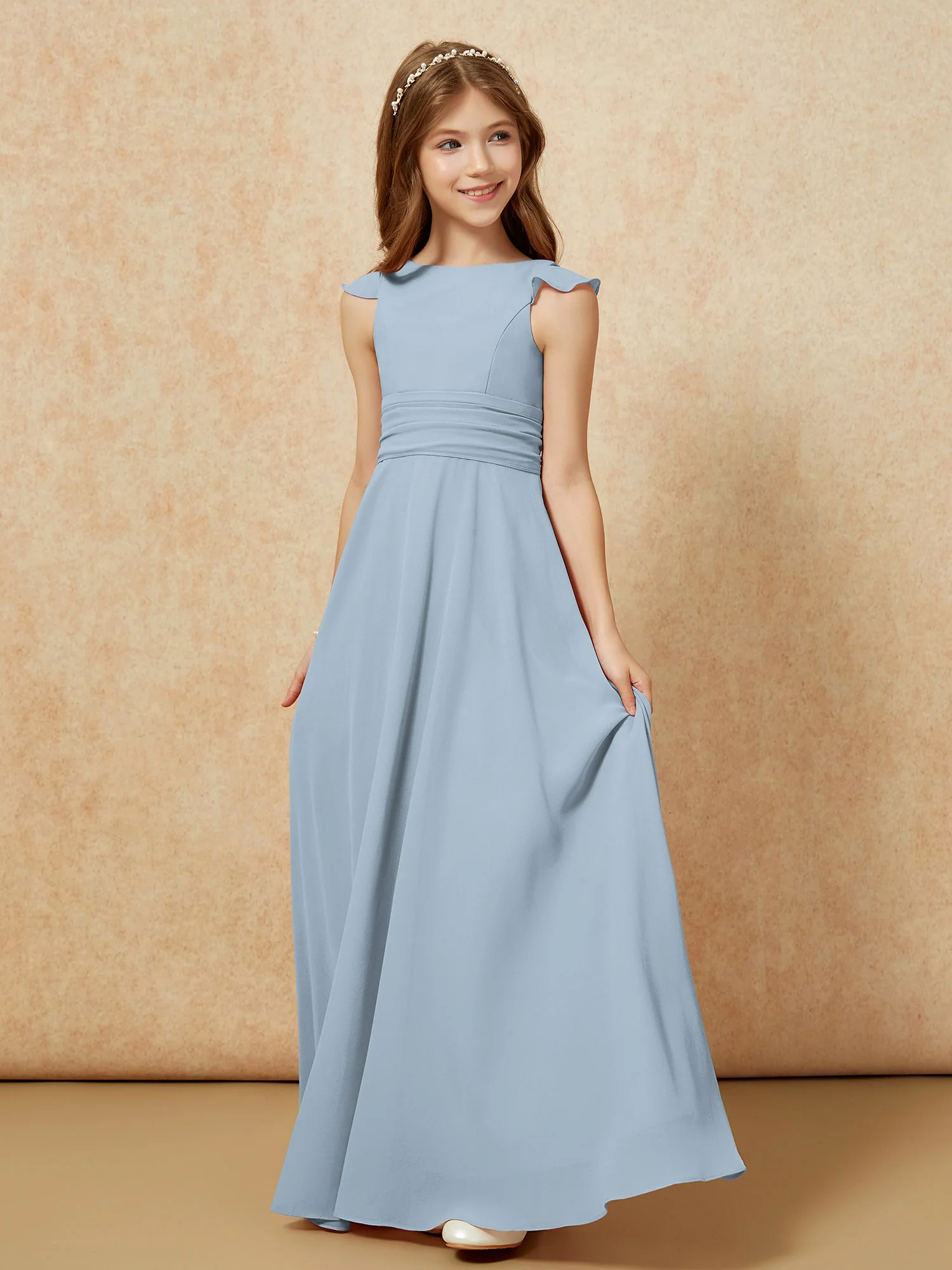 Jewel Neck Flutter Sleeves Chiffon Junior Bridesmaid Dresses Dusty Blue - Image 3