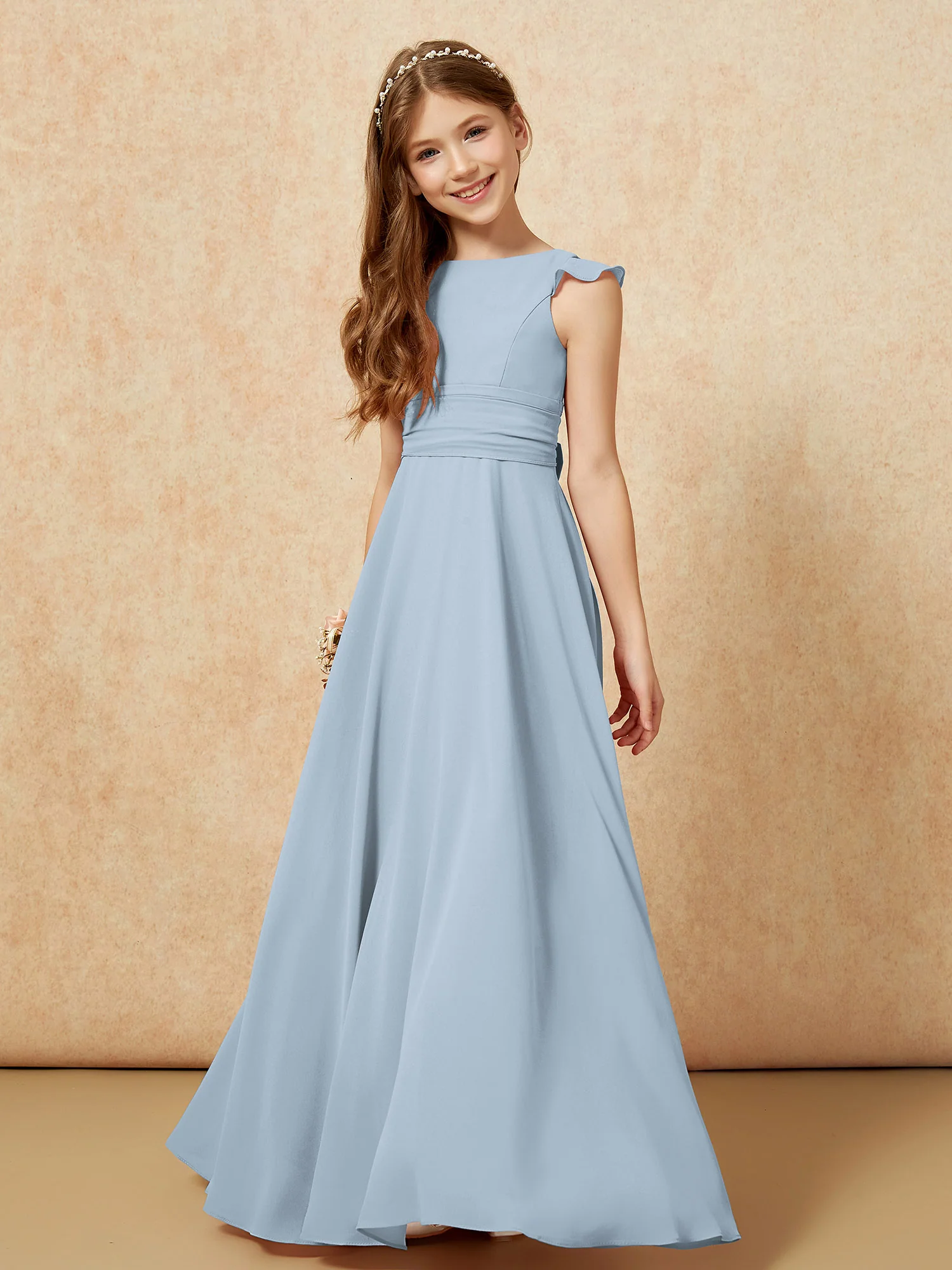 Jewel Neck Flutter Sleeves Chiffon Junior Bridesmaid Dresses Dusty Blue - Image 4