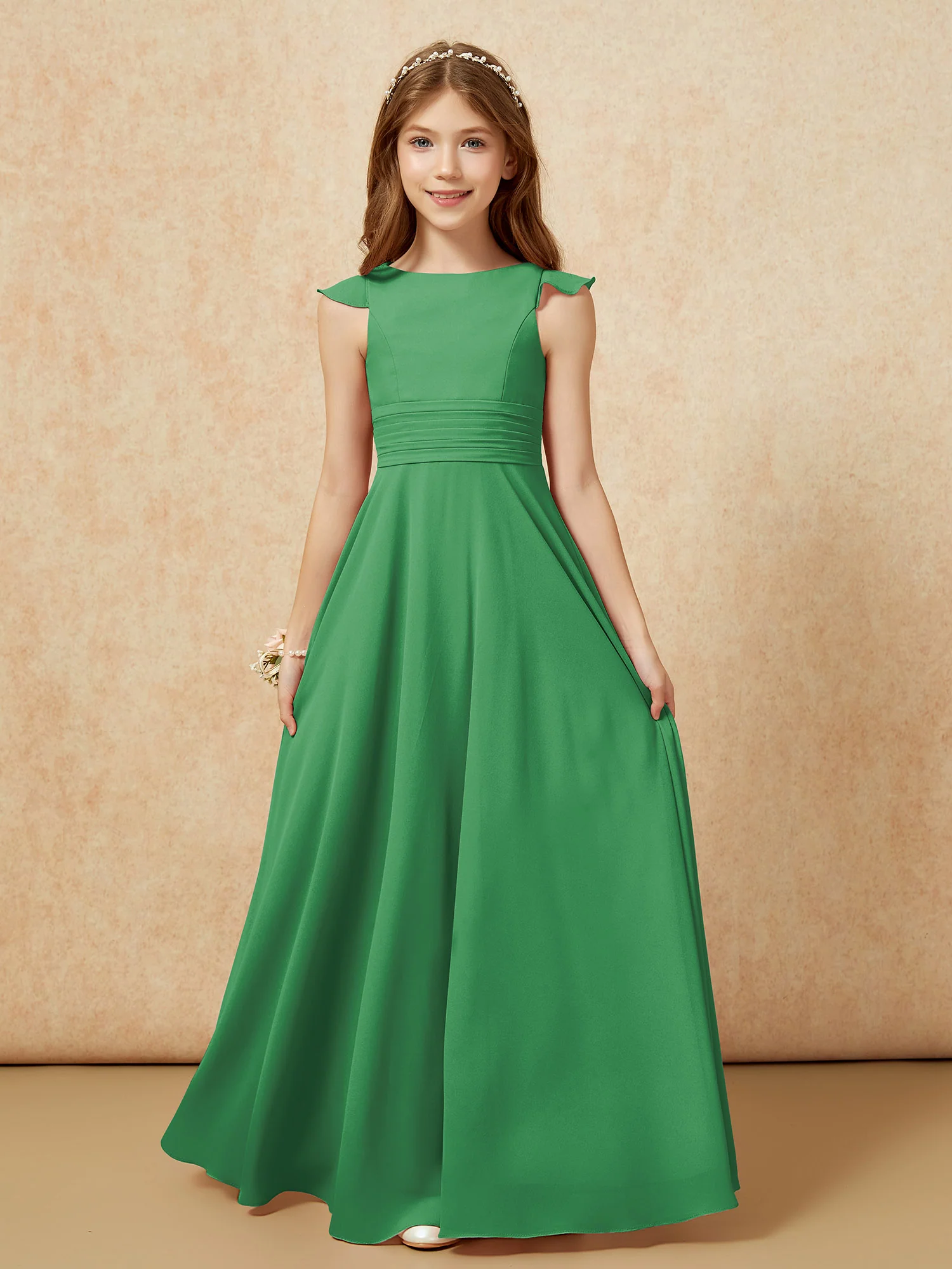 Jewel Neck Flutter Sleeves Chiffon Junior Bridesmaid Dresses Emerald