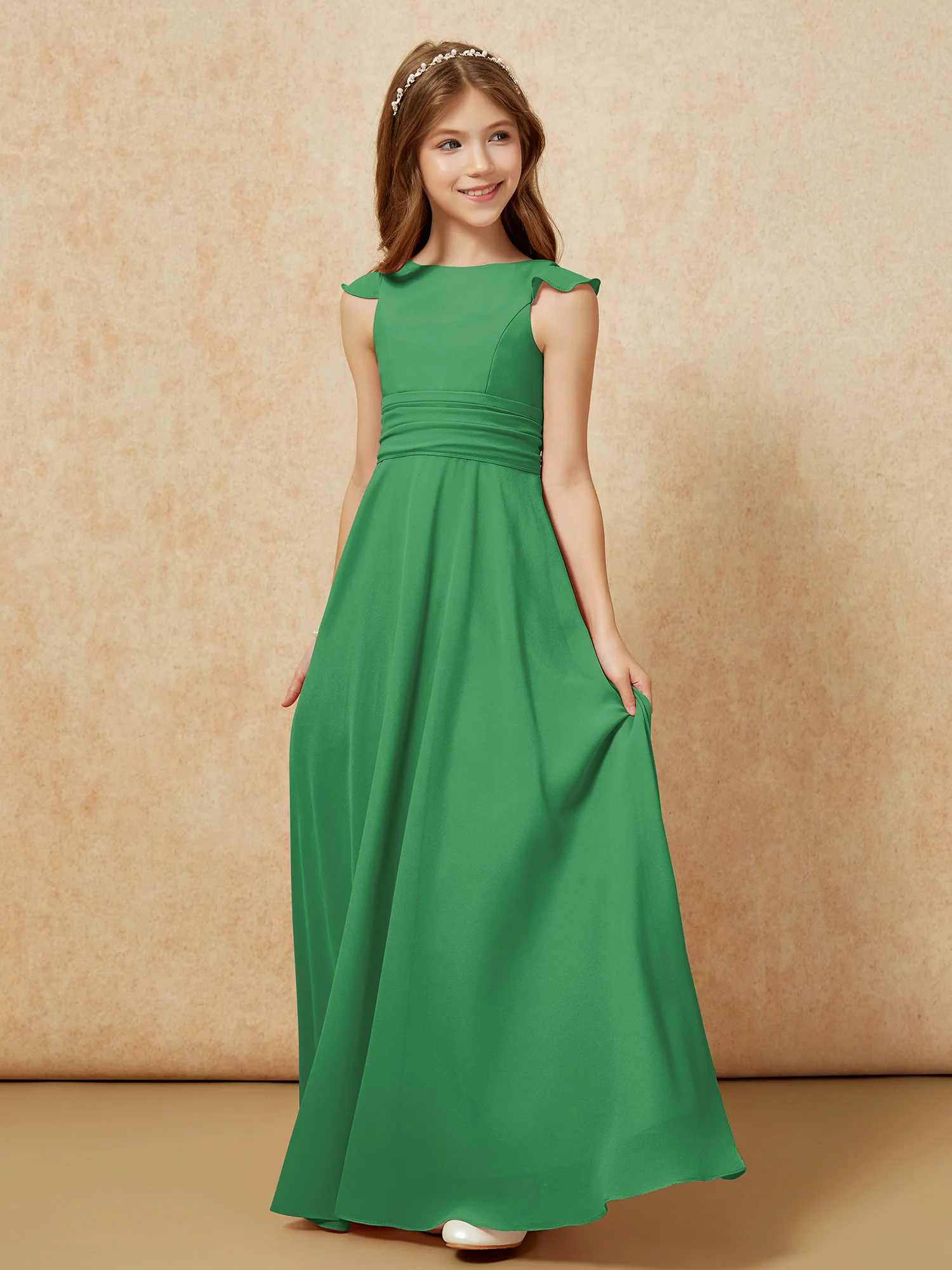 Jewel Neck Flutter Sleeves Chiffon Junior Bridesmaid Dresses Emerald - Image 3
