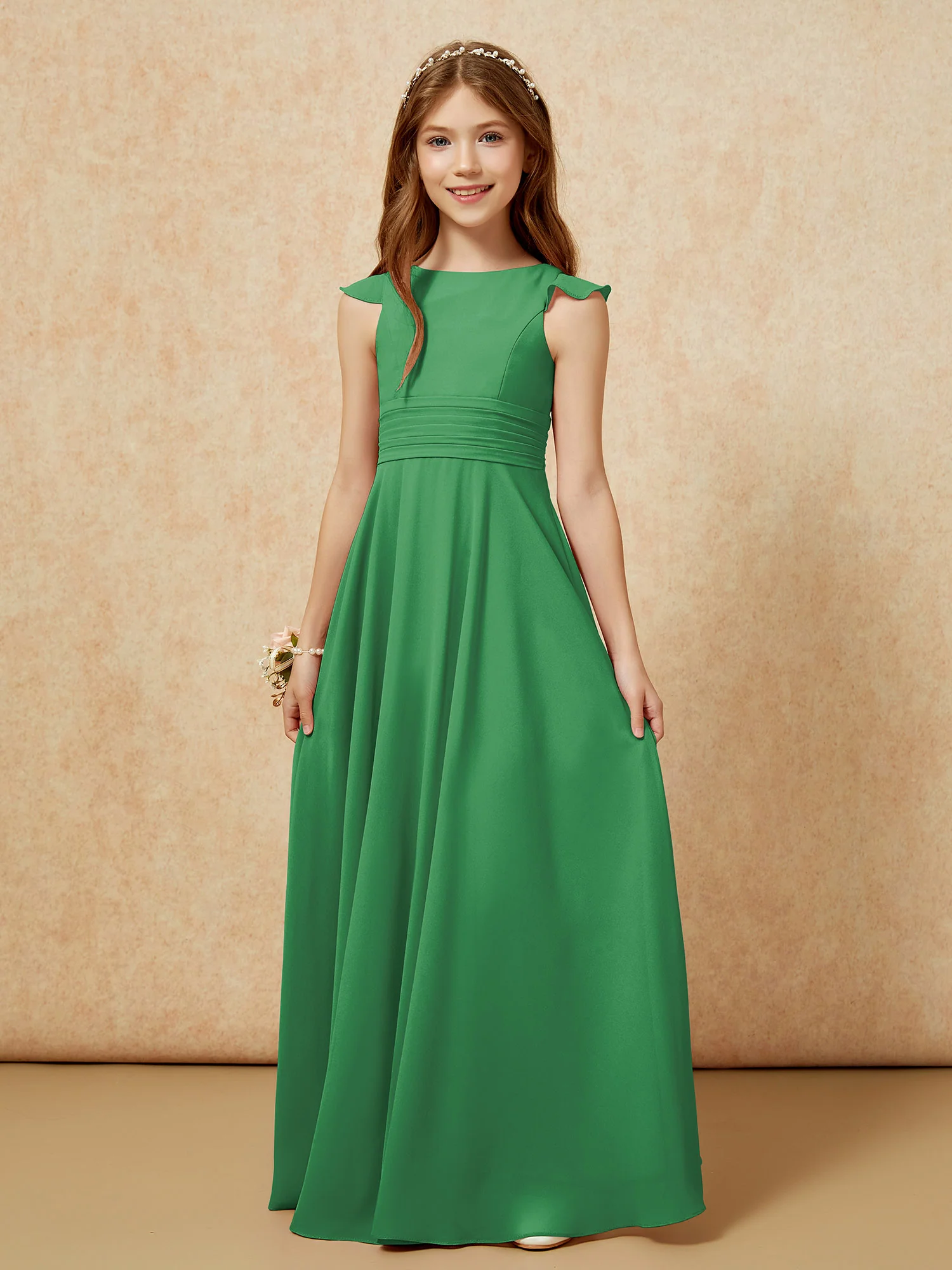 Jewel Neck Flutter Sleeves Chiffon Junior Bridesmaid Dresses Emerald - Image 6