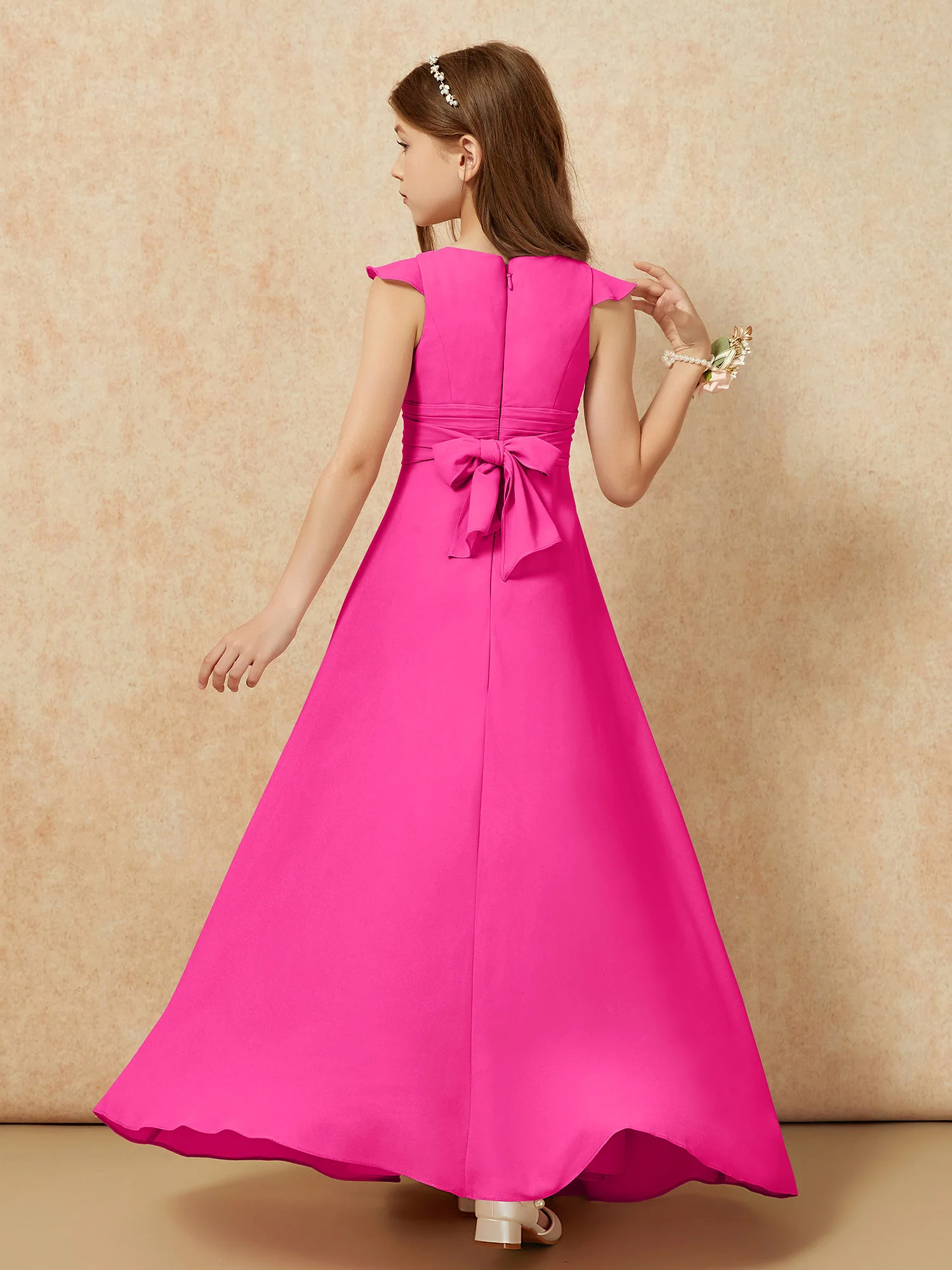 Jewel Neck Flutter Sleeves Chiffon Junior Bridesmaid Dresses Fuchsia - Image 2