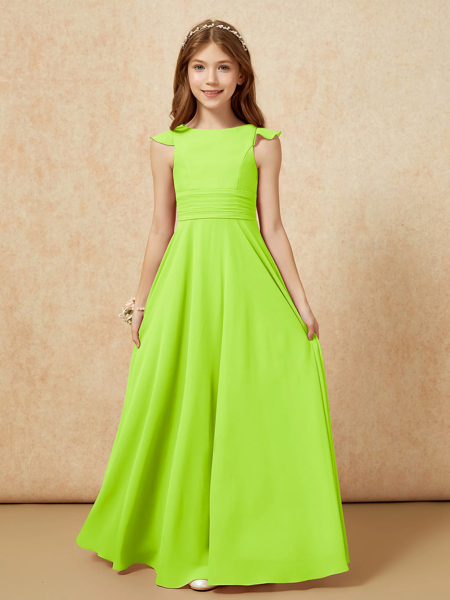 Jewel Neck Flutter Sleeves Chiffon Junior Bridesmaid Dresses Lime Green