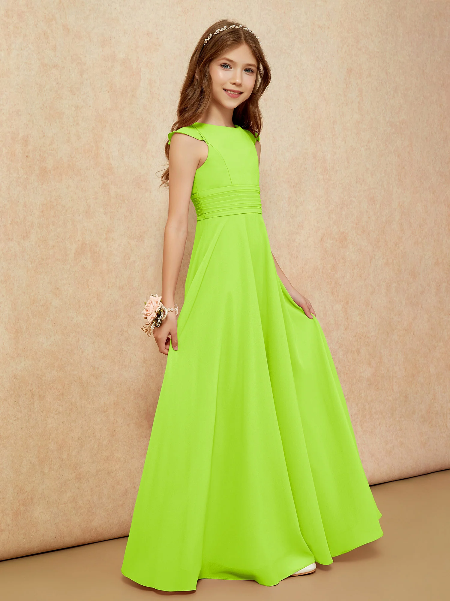 Jewel Neck Flutter Sleeves Chiffon Junior Bridesmaid Dresses Lime Green - Image 5