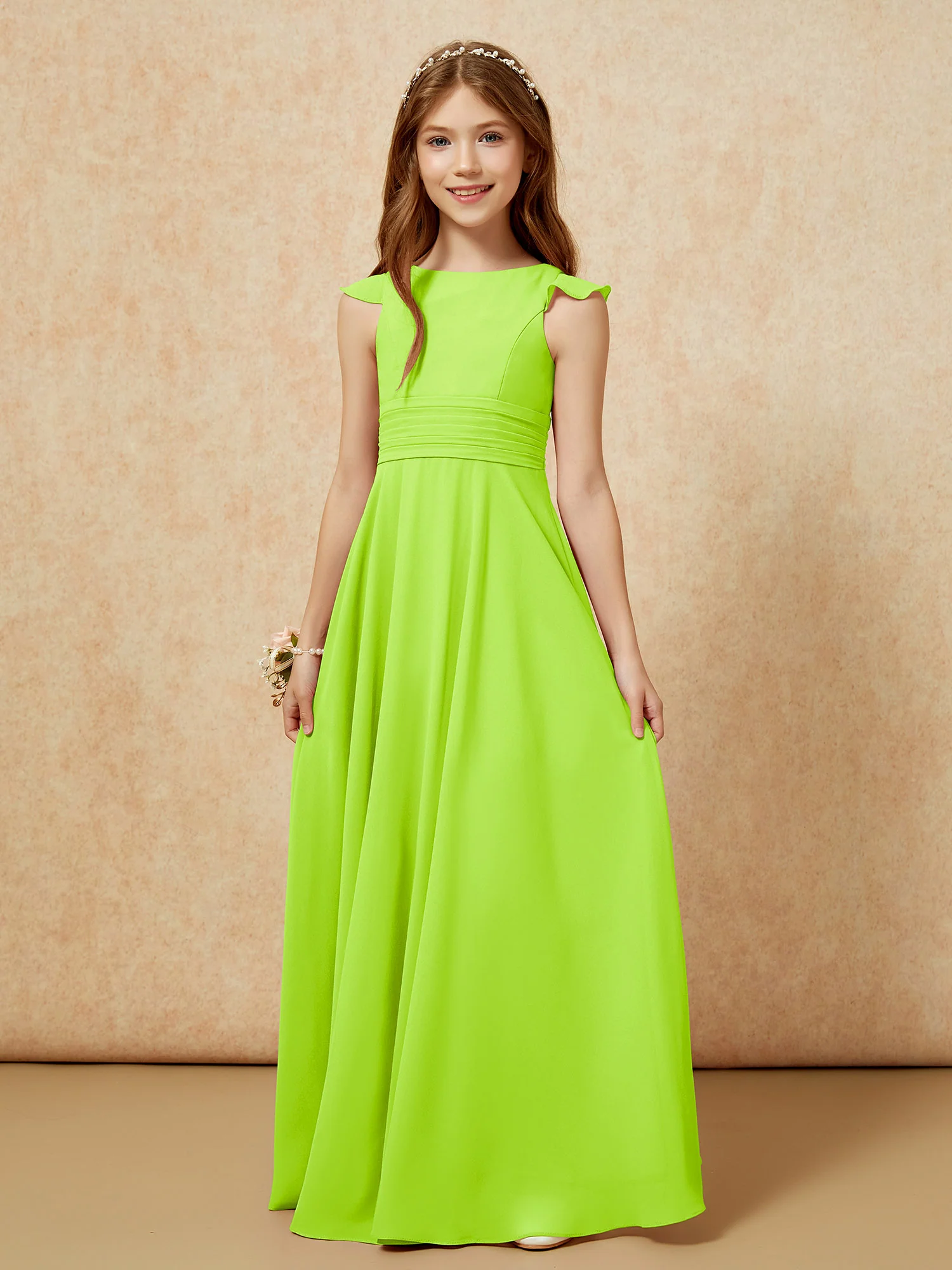 Jewel Neck Flutter Sleeves Chiffon Junior Bridesmaid Dresses Lime Green - Image 6