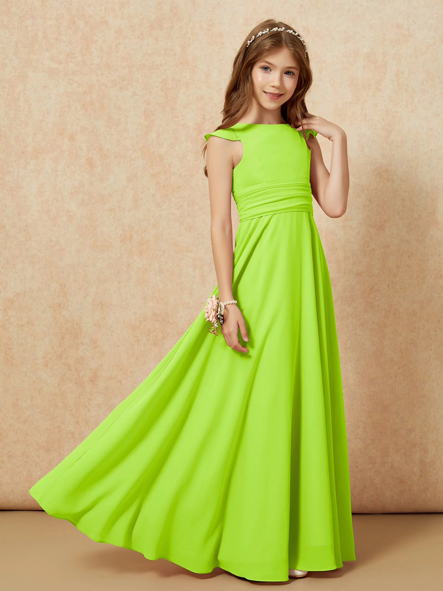 Jewel Neck Flutter Sleeves Chiffon Junior Bridesmaid Dresses Lime Green - Image 7