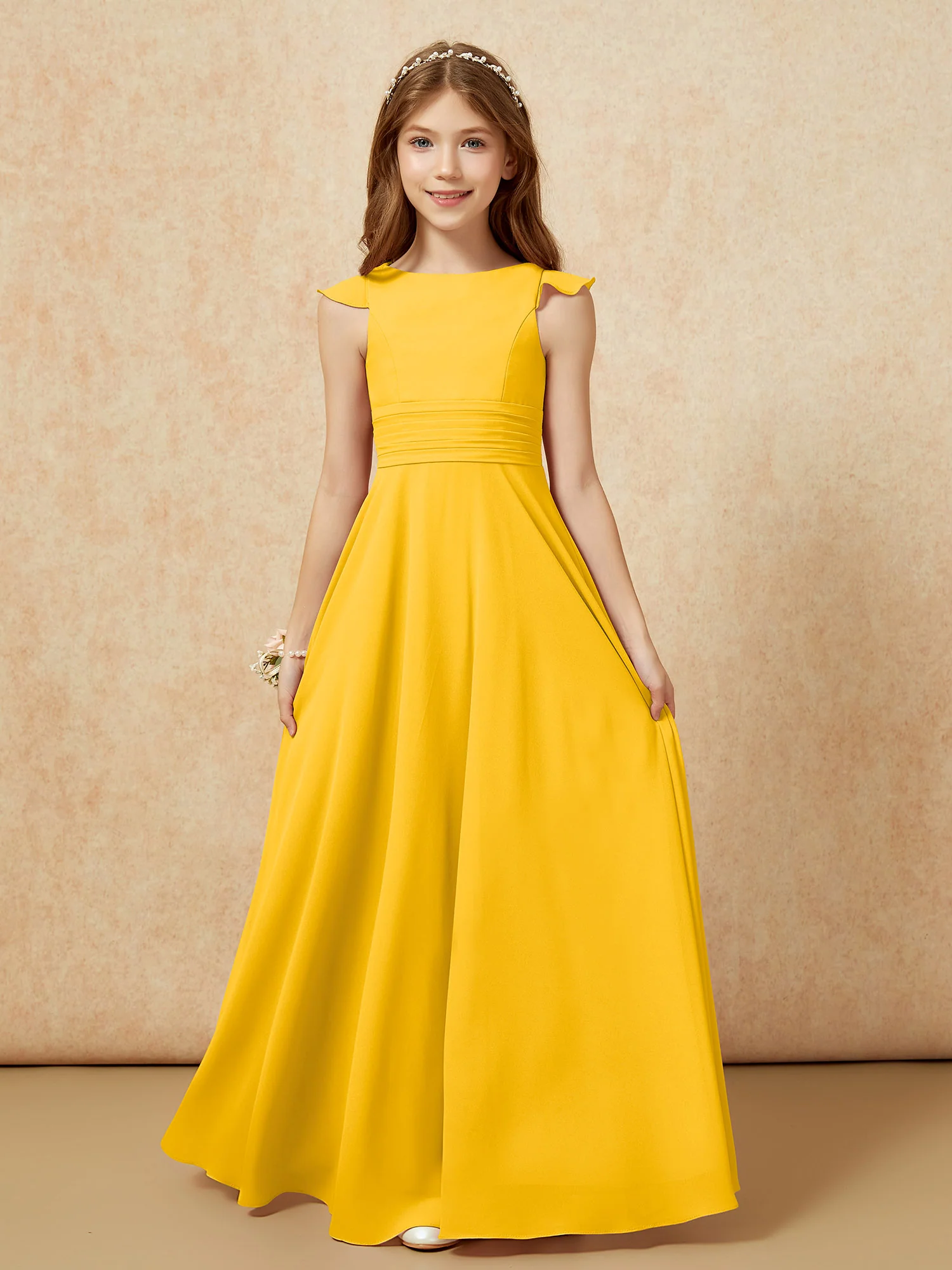 Jewel Neck Flutter Sleeves Chiffon Junior Bridesmaid Dresses Marigold