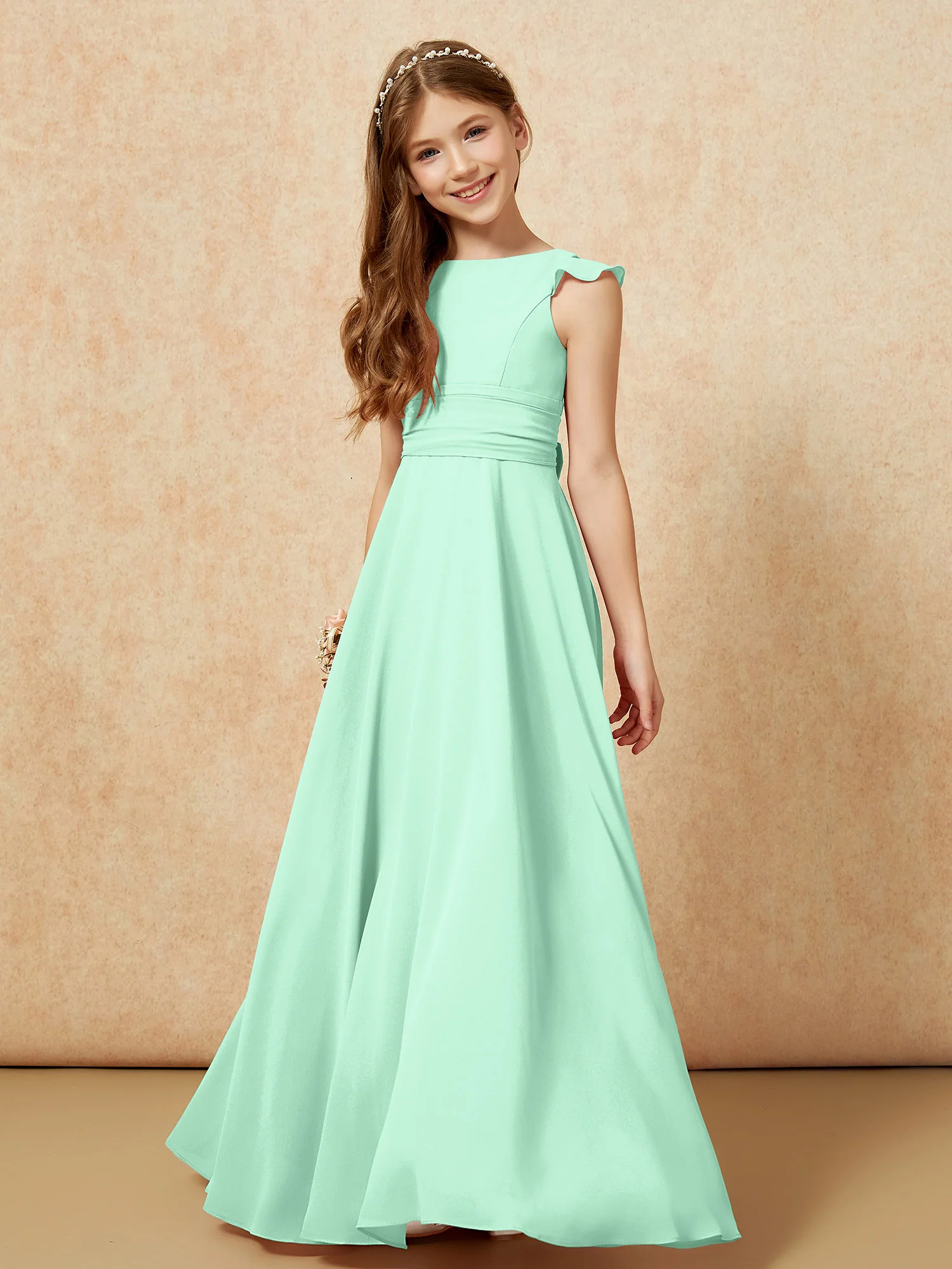 Jewel Neck Flutter Sleeves Chiffon Junior Bridesmaid Dresses Mint Green - Image 4