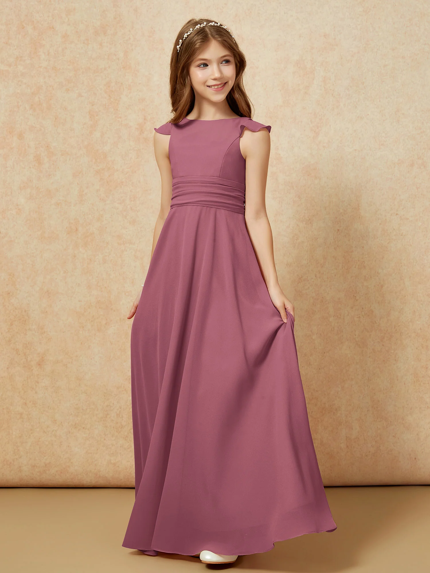 Jewel Neck Flutter Sleeves Chiffon Junior Bridesmaid Dresses Mulberry - Image 3