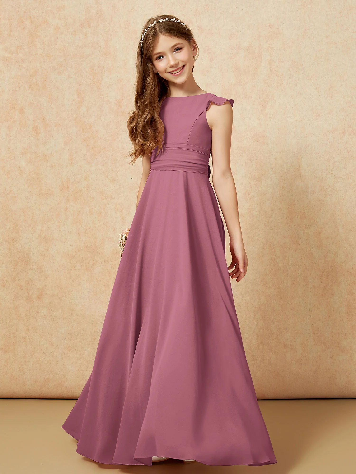 Jewel Neck Flutter Sleeves Chiffon Junior Bridesmaid Dresses Mulberry - Image 4