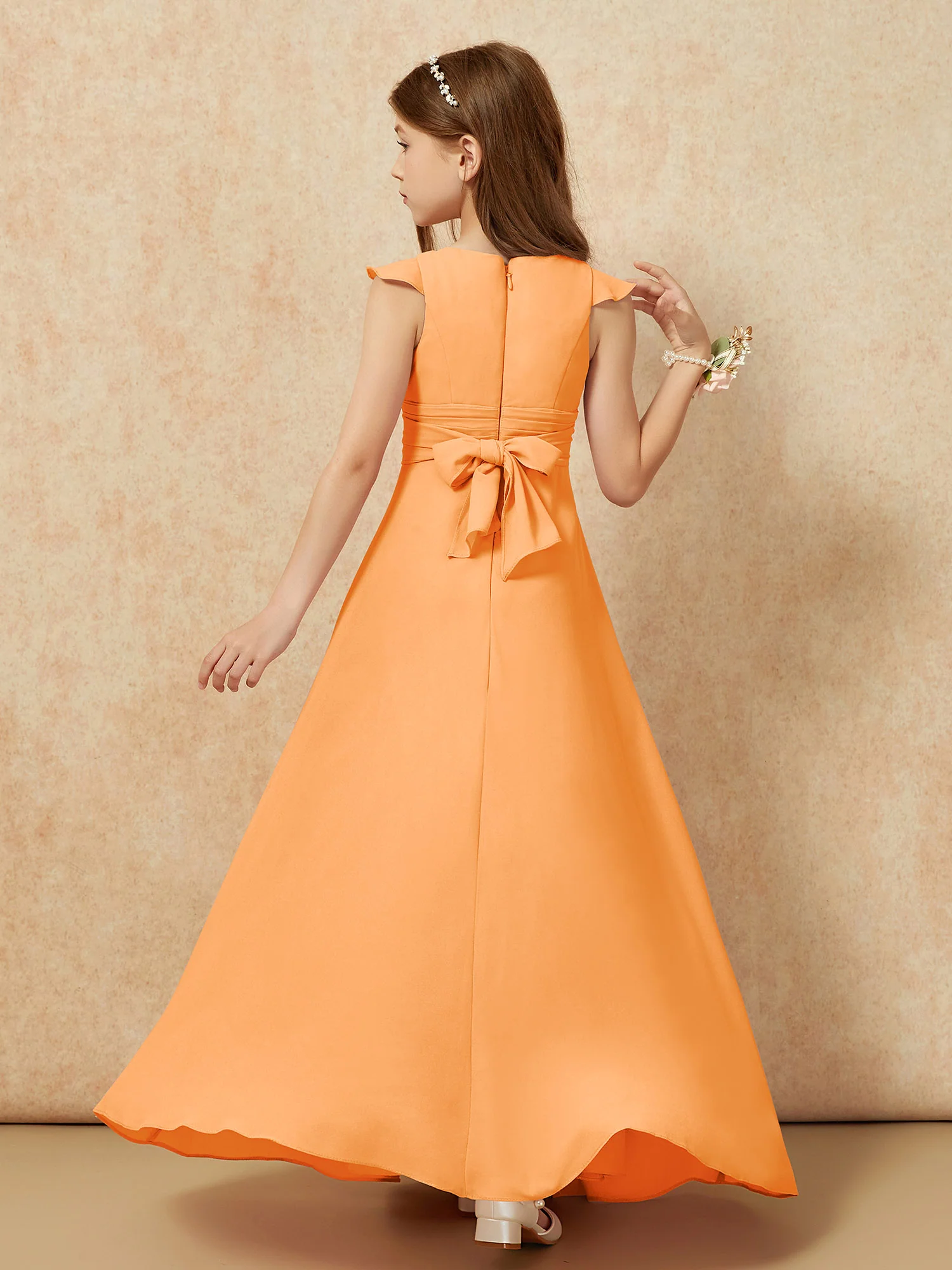 Jewel Neck Flutter Sleeves Chiffon Junior Bridesmaid Dresses Orange - Image 2