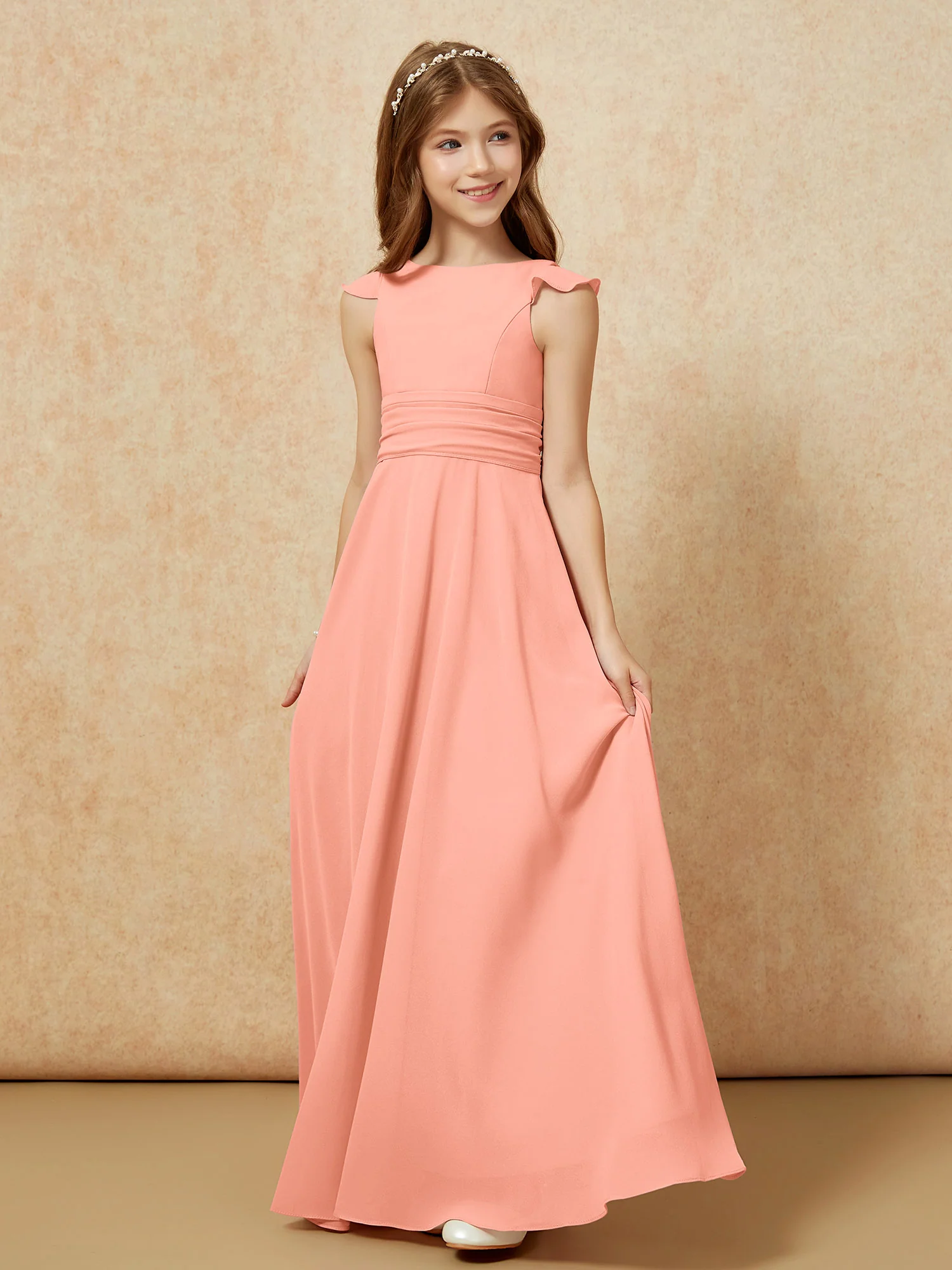 Jewel Neck Flutter Sleeves Chiffon Junior Bridesmaid Dresses Papaya - Image 3