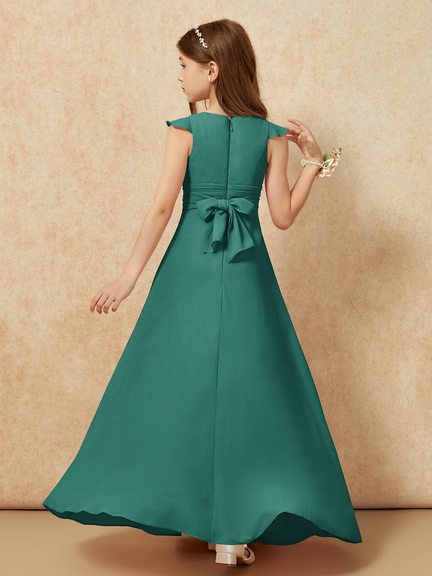 Jewel Neck Flutter Sleeves Chiffon Junior Bridesmaid Dresses Peacock - Image 2