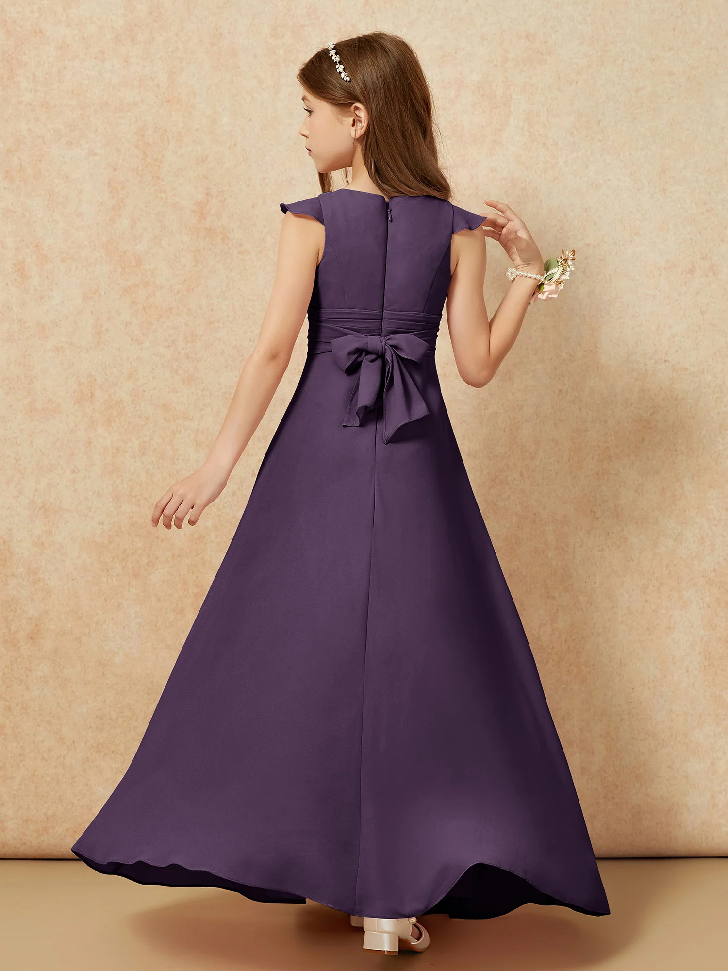 Jewel Neck Flutter Sleeves Chiffon Junior Bridesmaid Dresses Plum - Image 2