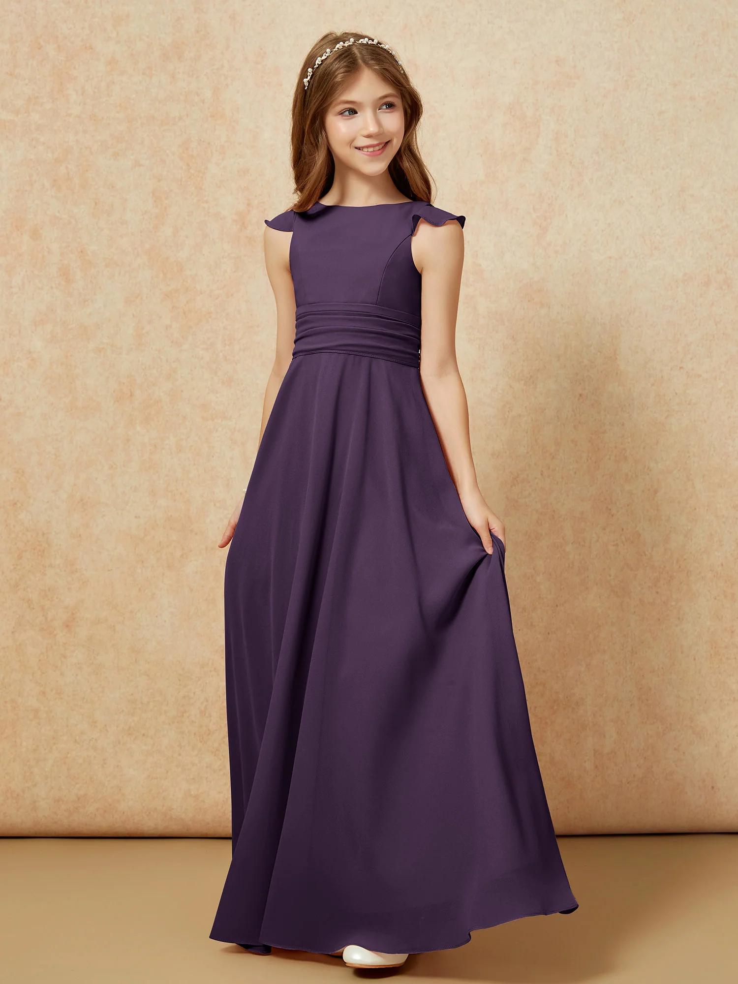 Jewel Neck Flutter Sleeves Chiffon Junior Bridesmaid Dresses Plum - Image 3