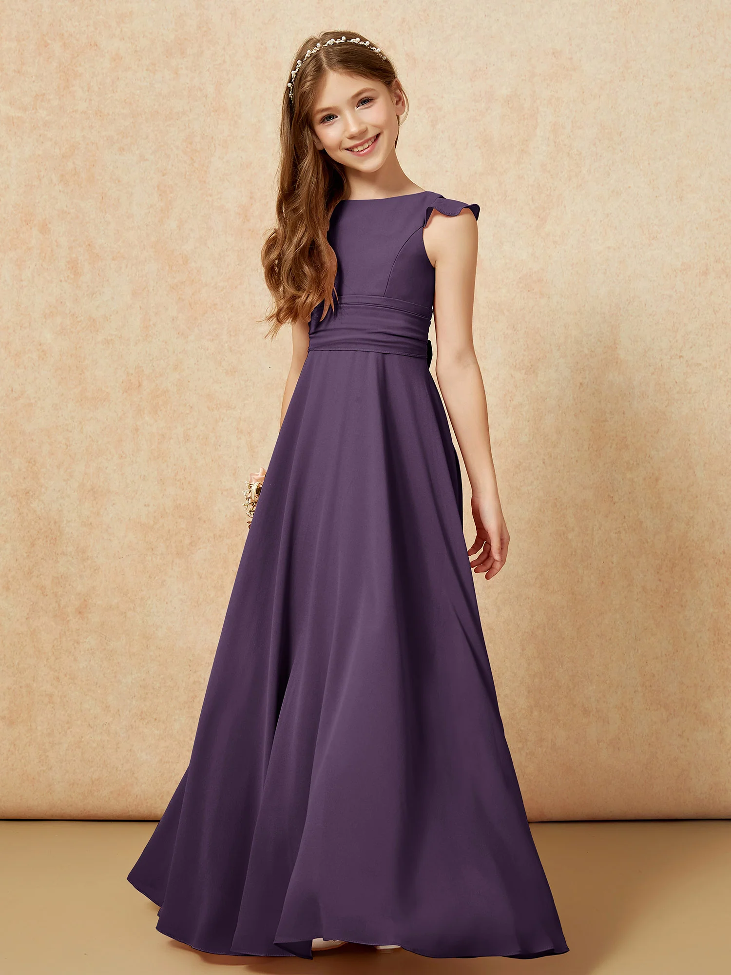 Jewel Neck Flutter Sleeves Chiffon Junior Bridesmaid Dresses Plum - Image 4