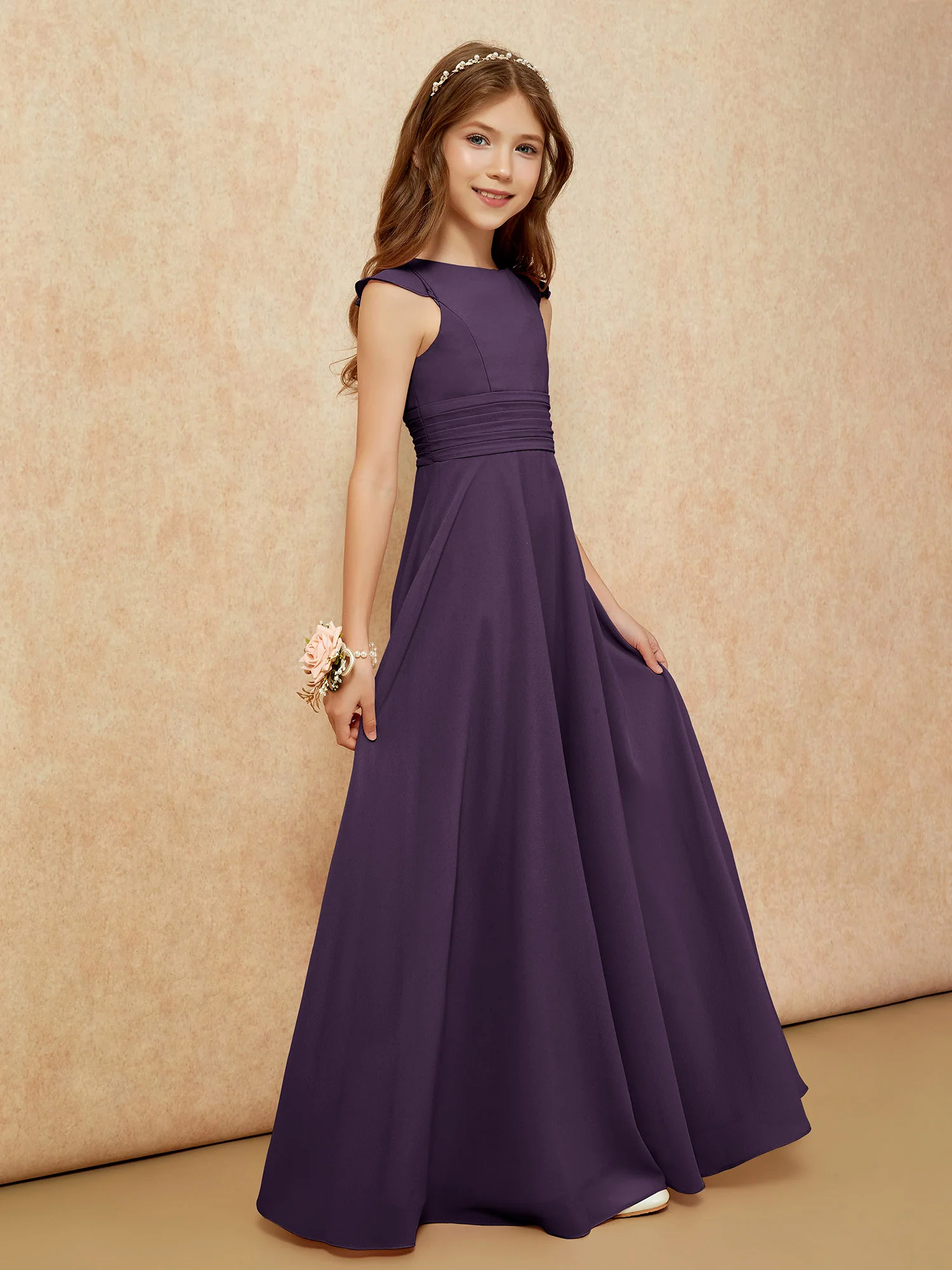 Jewel Neck Flutter Sleeves Chiffon Junior Bridesmaid Dresses Plum - Image 5