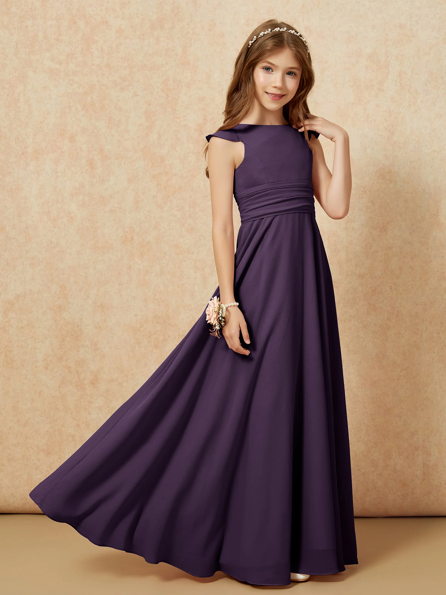 Jewel Neck Flutter Sleeves Chiffon Junior Bridesmaid Dresses Plum - Image 7