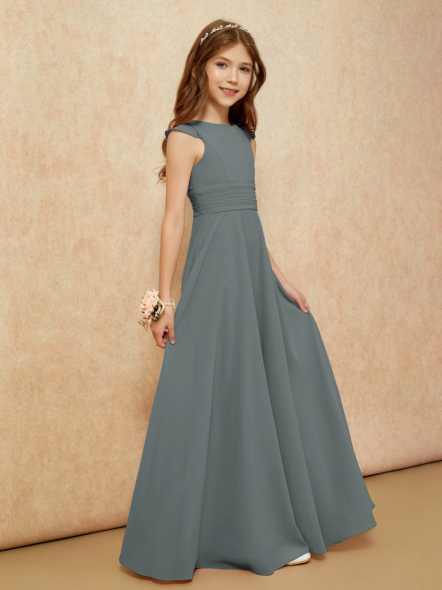 Jewel Neck Flutter Sleeves Chiffon Junior Bridesmaid Dresses Steel Grey - Image 5