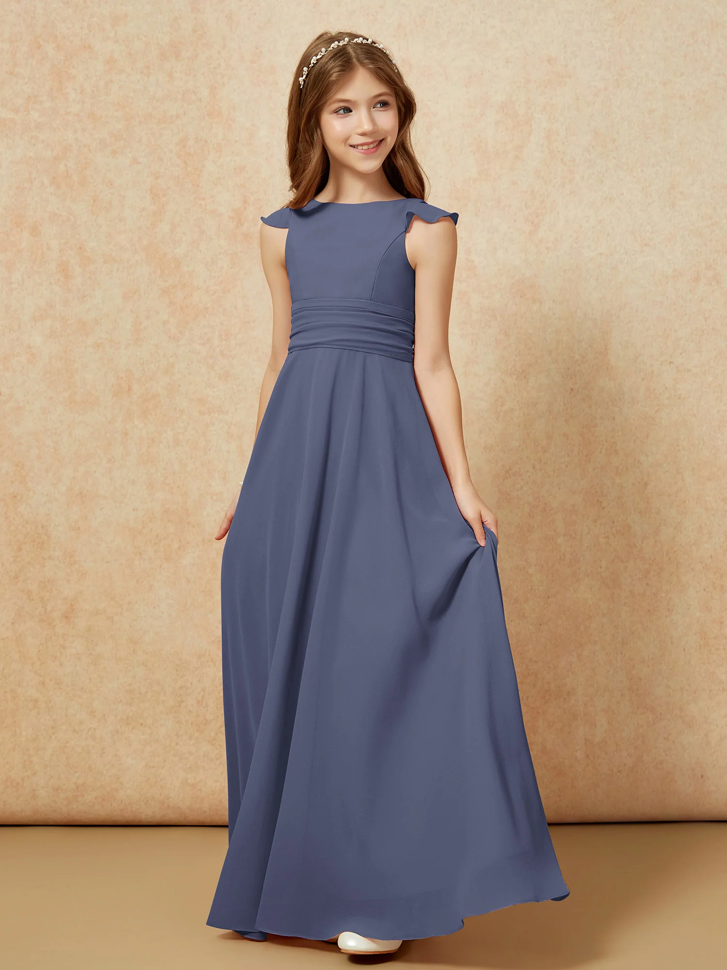 Jewel Neck Flutter Sleeves Chiffon Junior Bridesmaid Dresses Stormy - Image 3