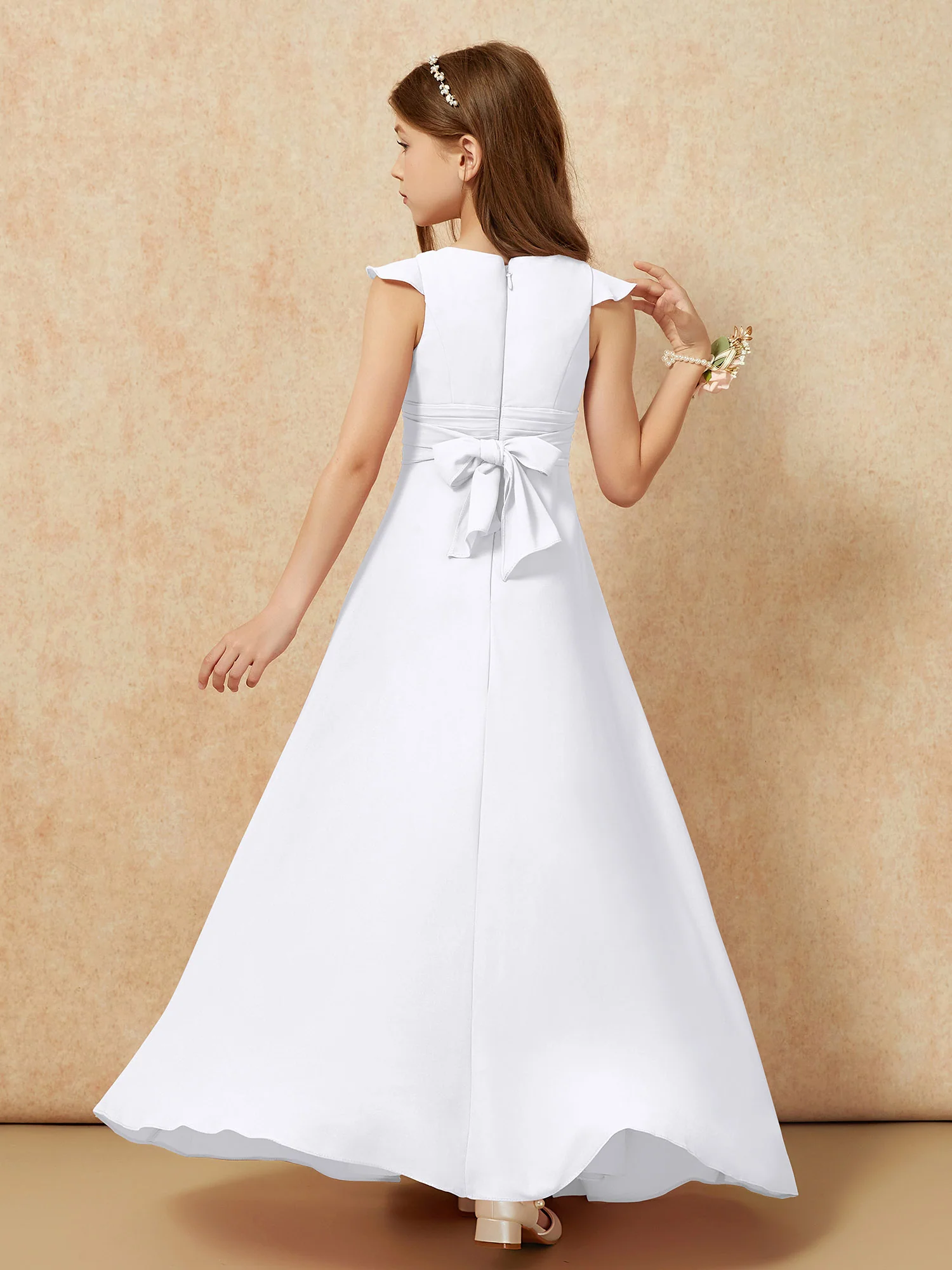 Jewel Neck Flutter Sleeves Chiffon Junior Bridesmaid Dresses White - Image 2