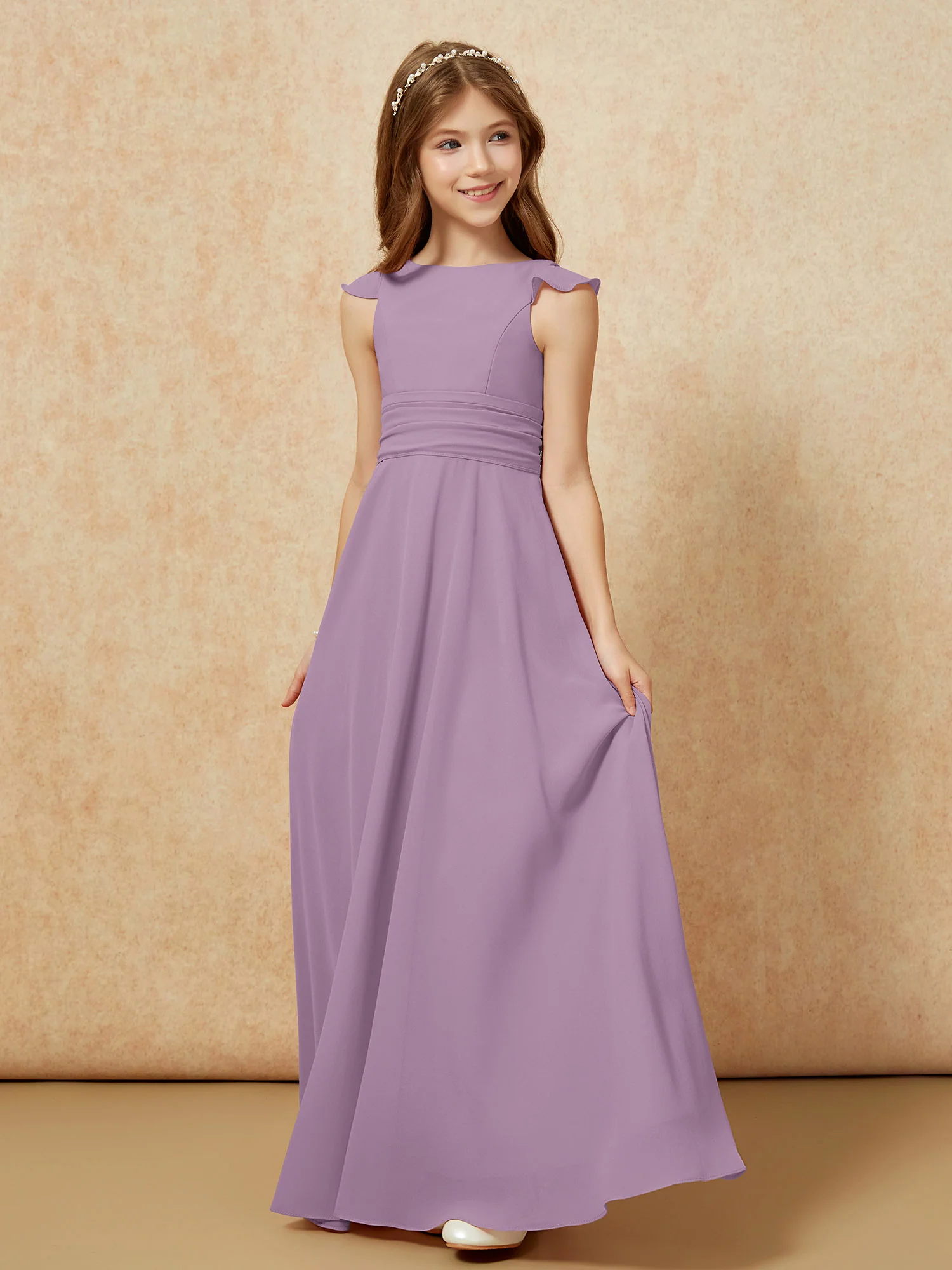 Jewel Neck Flutter Sleeves Chiffon Junior Bridesmaid Dresses Wisteria - Image 3