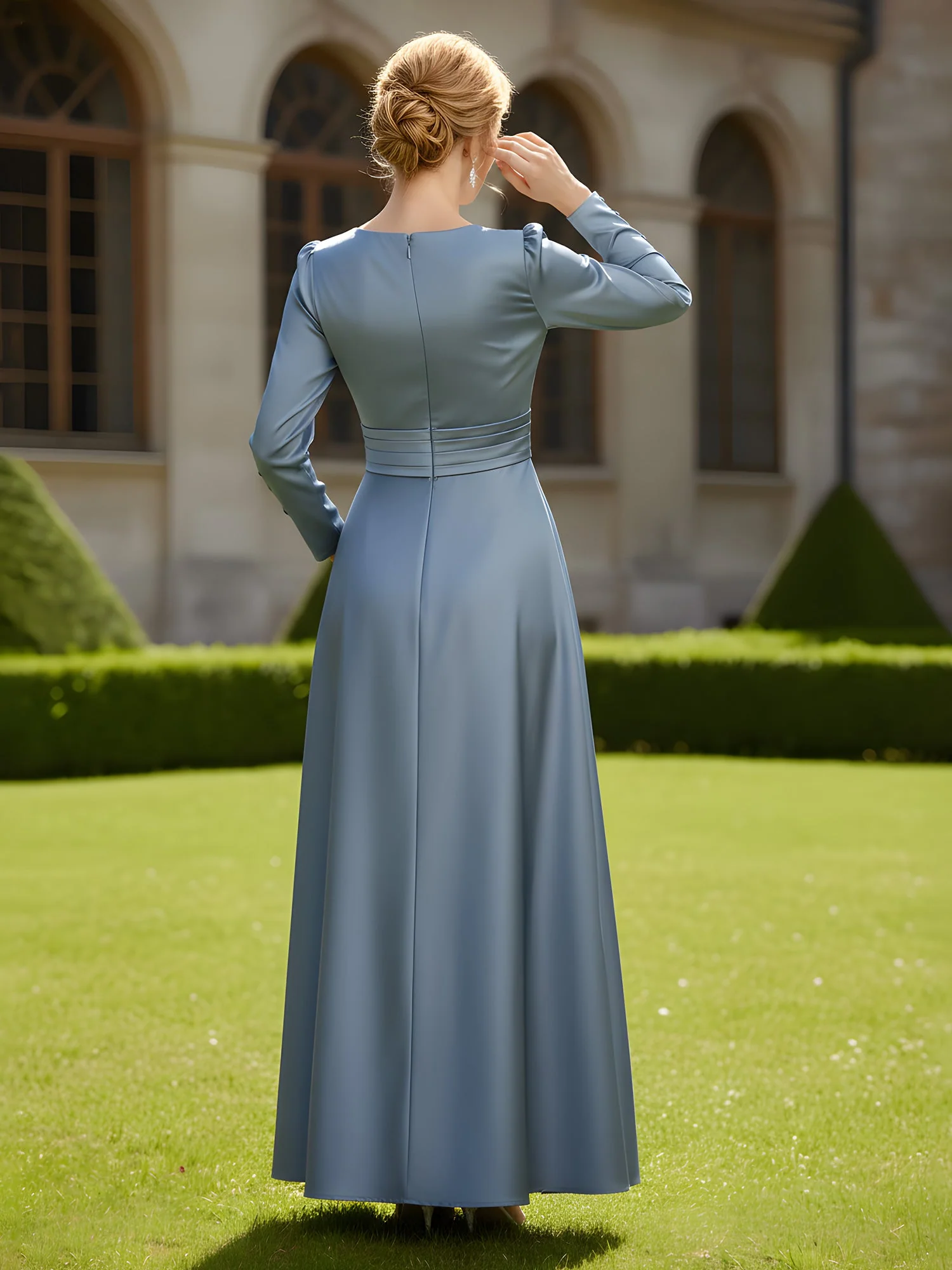 Elegant V-neck Pleated Satin A-Line Gown with Pockets Ivory - Image 2