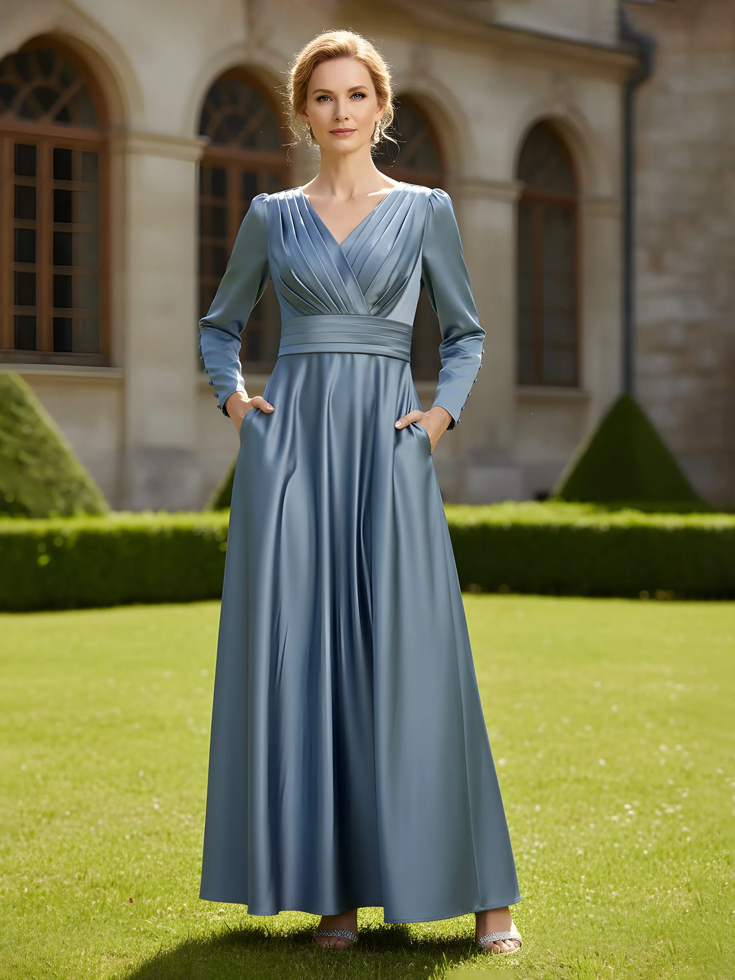 Elegant V-neck Pleated Satin A-Line Gown with Pockets Slate Blue