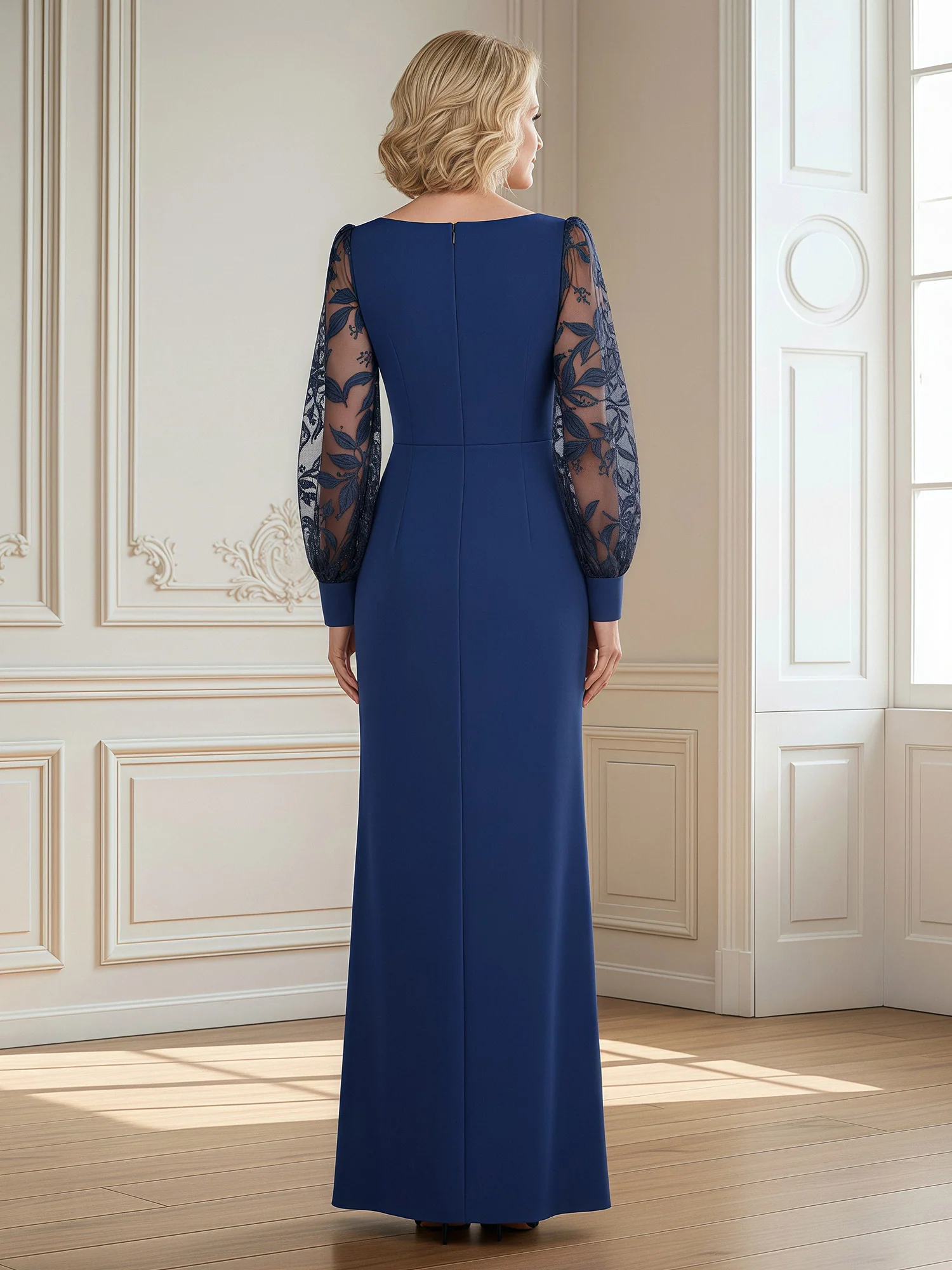 Boat Neck Formal Dress with Embroidered Sleeves Royal Blue - Image 2
