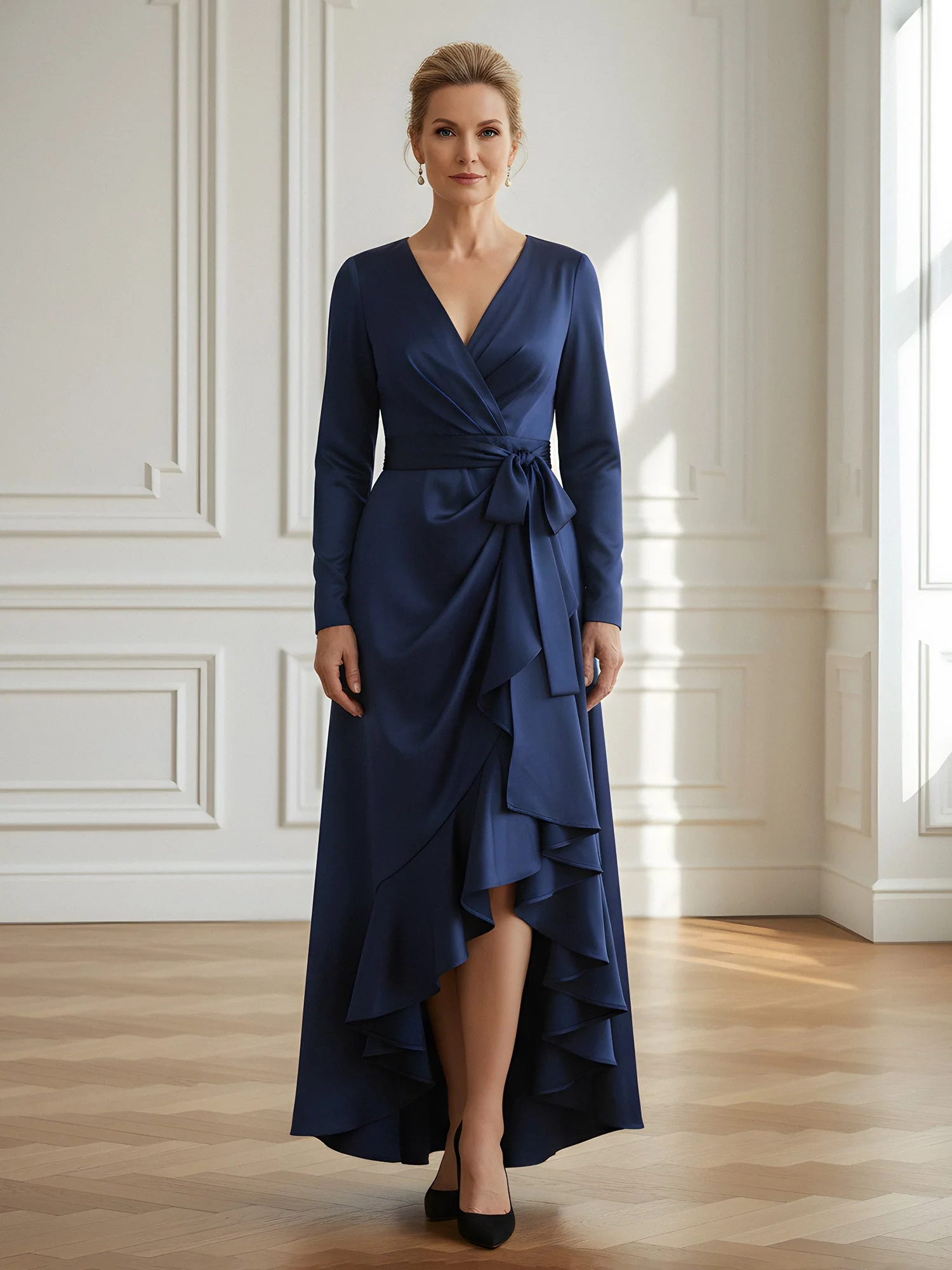 Long-Sleeve Faux-Wrap Maxi Dress with Cascading Ruffle Hem Gold