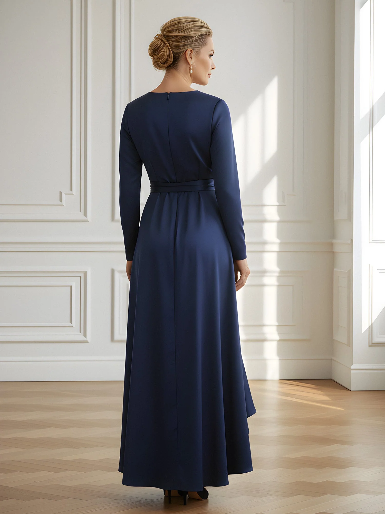 Long-Sleeve Faux-Wrap Maxi Dress with Cascading Ruffle Hem Taupe - Image 2
