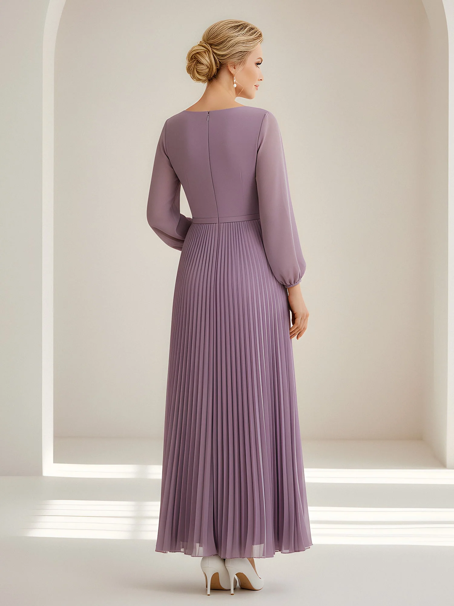 Pleated Maxi Dress with Sheer Bishop Sleeves and Rosette Dusk - Image 2