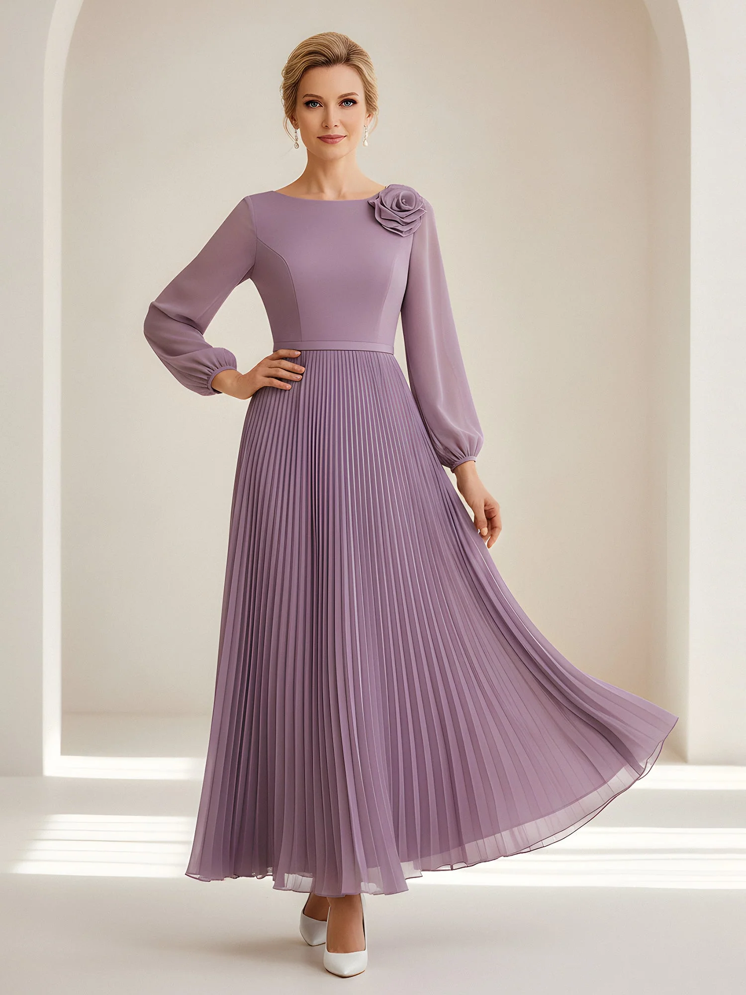 Pleated Maxi Dress with Sheer Bishop Sleeves and Rosette Dusty Blue