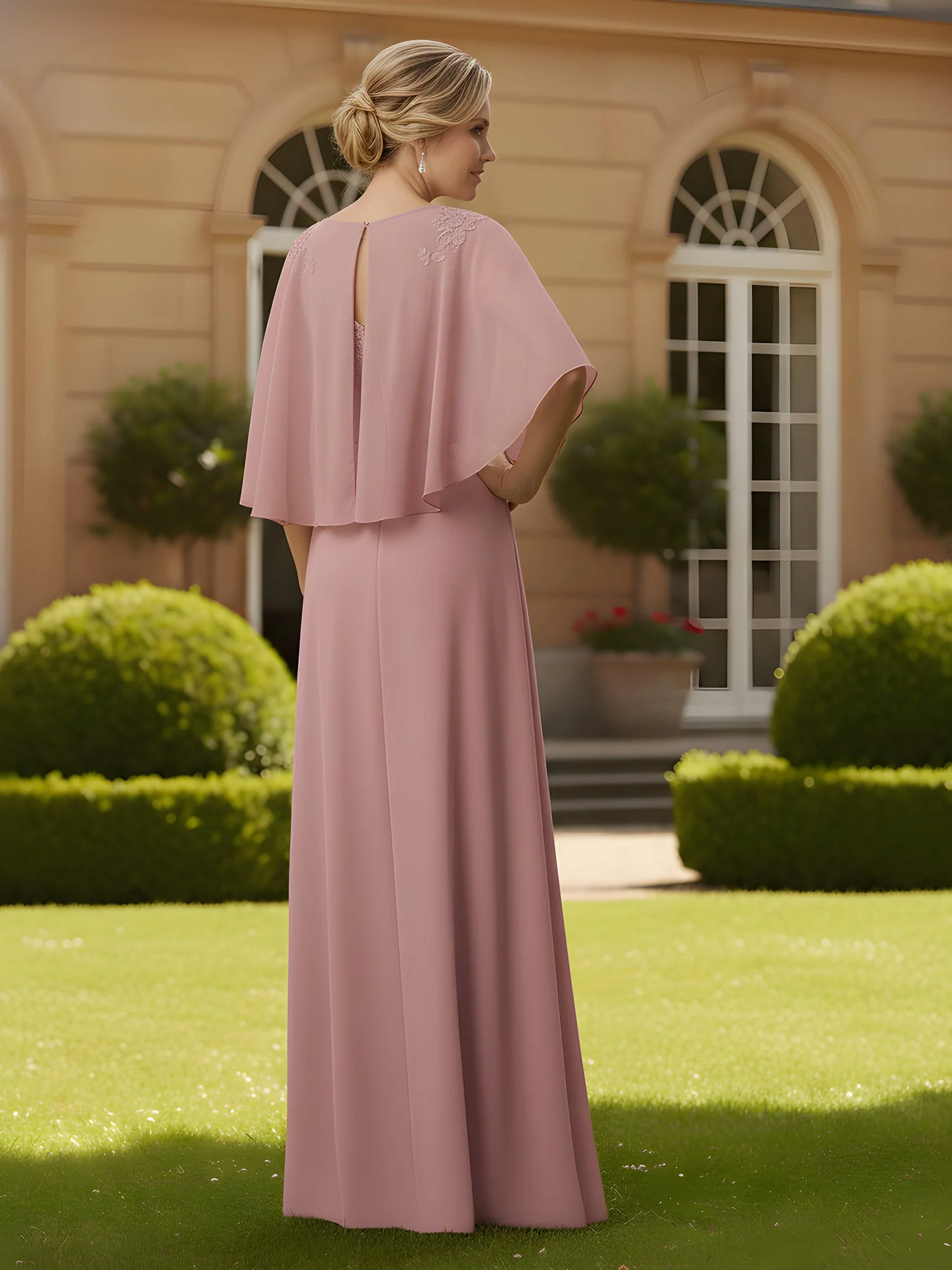 Illusion Neck A-line Gown with Cape Sleeves Jade - Image 2