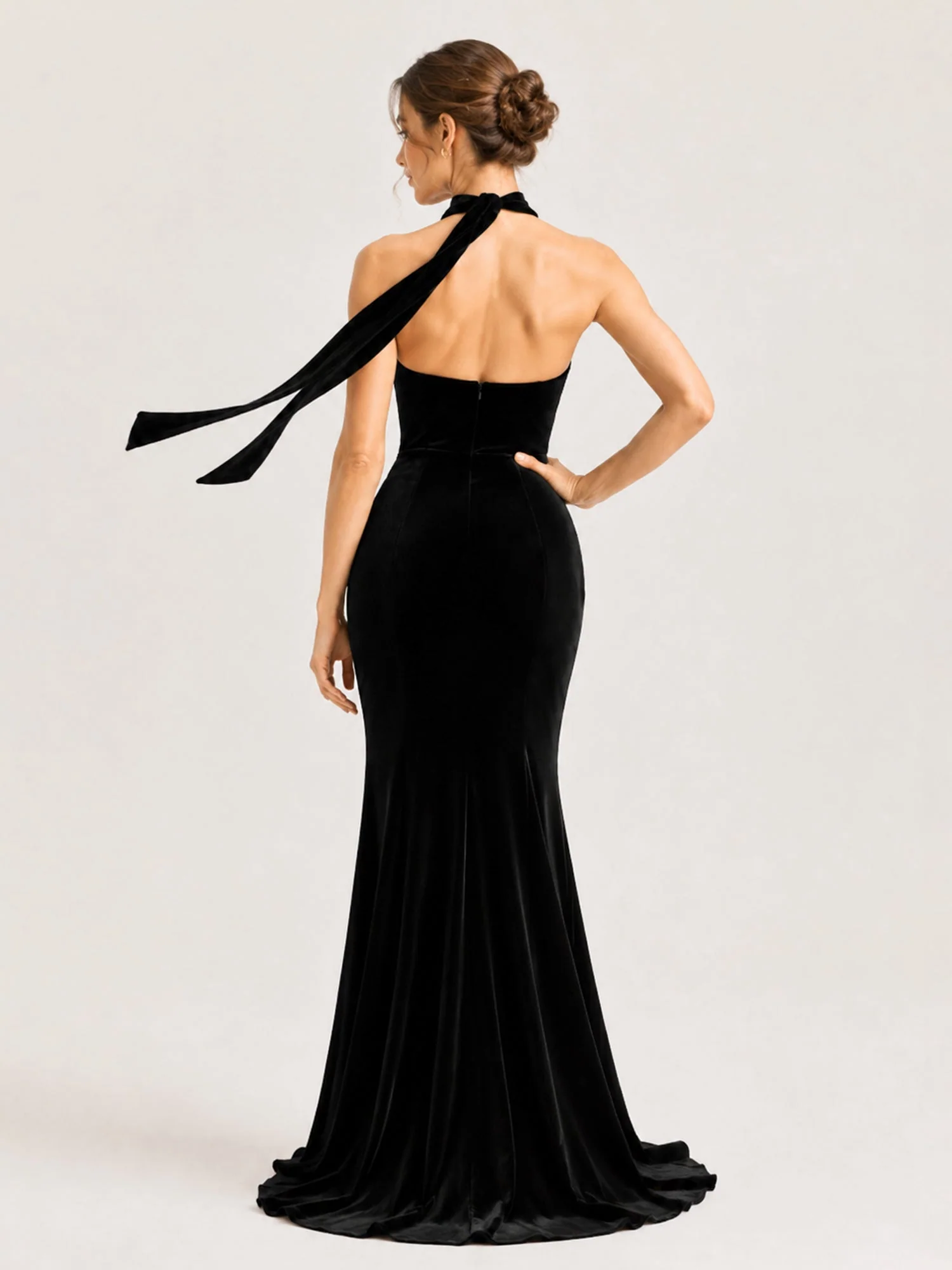 Velvet Strapless Mermaid Gown with Choker Neck Tie Slate Blue - Image 2