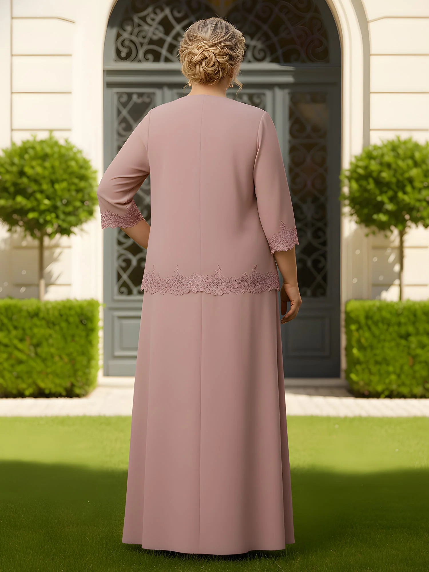 Lace Trim Two-Piece Chiffon Maxi Suit Cinnamon Rose - Image 2