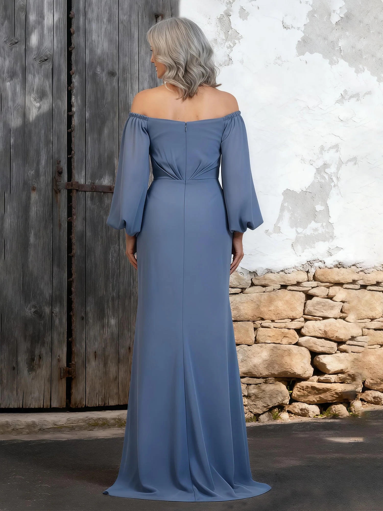 Billowing Sleeve Evening Dress Flattering Draped Bodice Royal Blue - Image 2